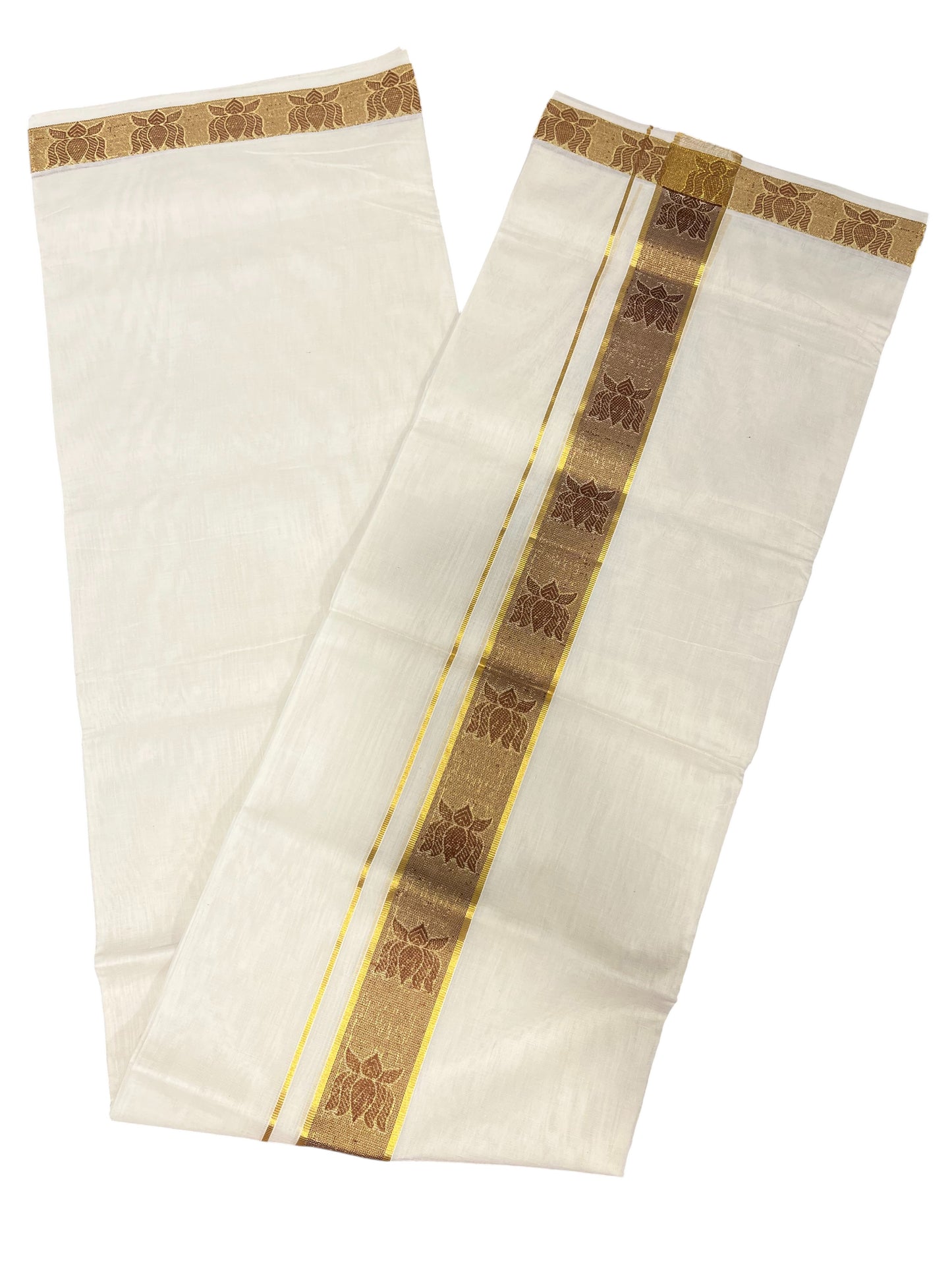 Southloom Premium Balaramapuram Handloom Wedding Mundu with Brown and Kasavu Woven Border (South Indian Kerala Dhoti)