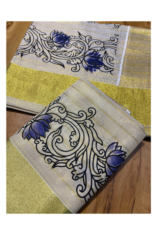 Kerala Tissue Single Set Mundu (Mundum Neriyathum) with Dark Blue Lotus Block Printed Design 2.80Mtr