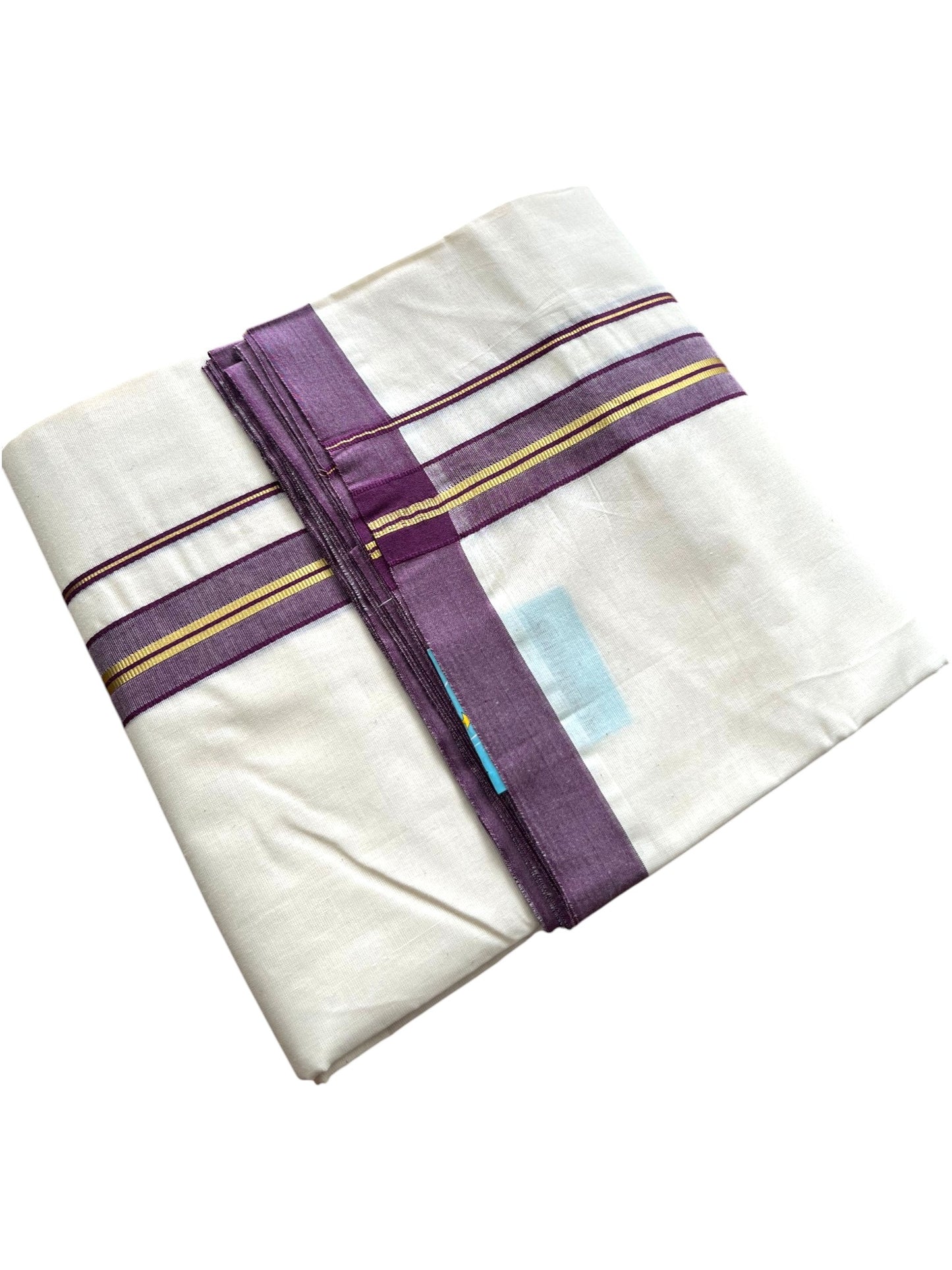 Southloom Pure Cotton Mundu with Golden Lines and Purple Border (South Indian Kerala Dhoti)