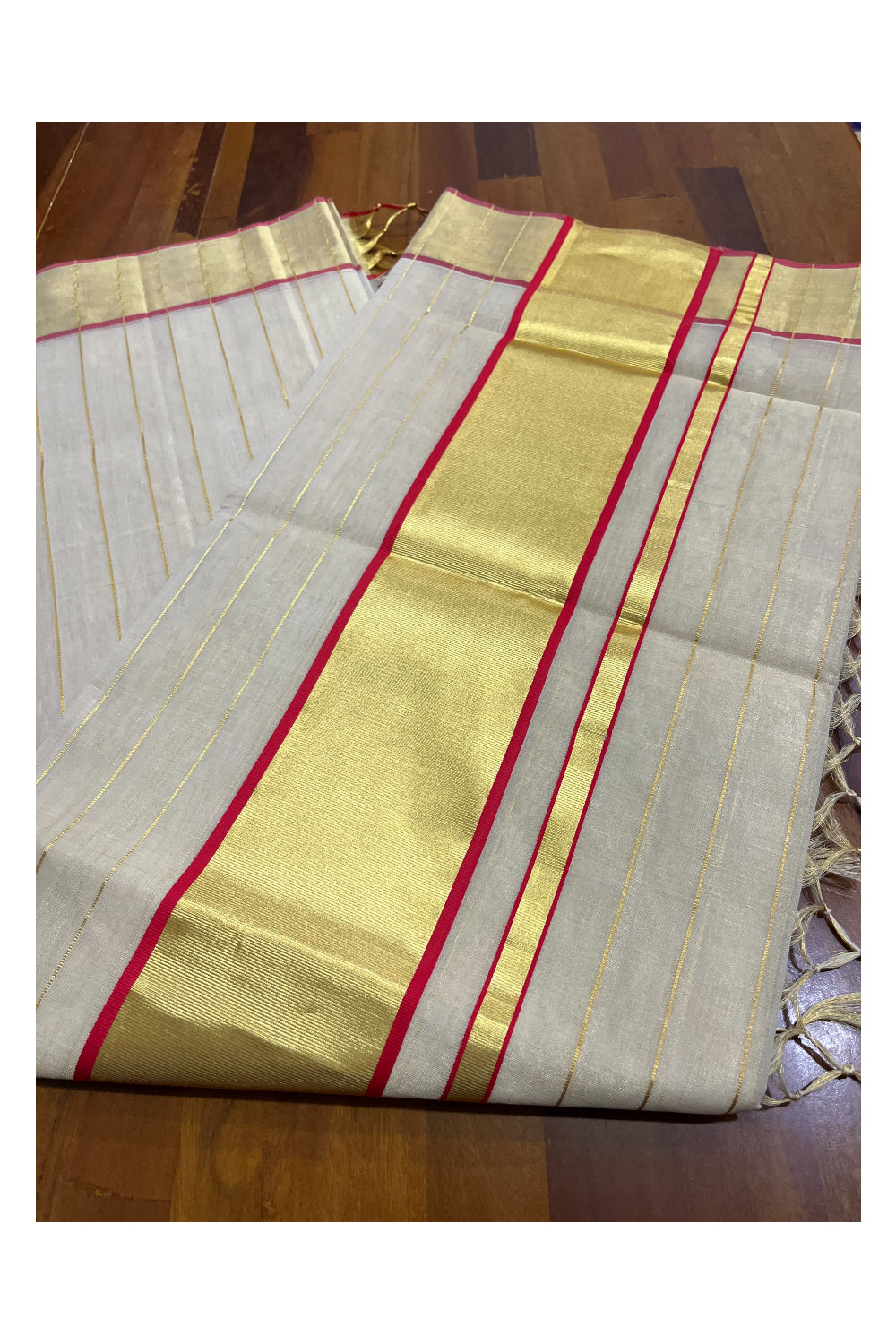 Southloom Premium Balaramapuram Handloom Tissue Kasavu Lines Design Kerala Saree with Pink Border