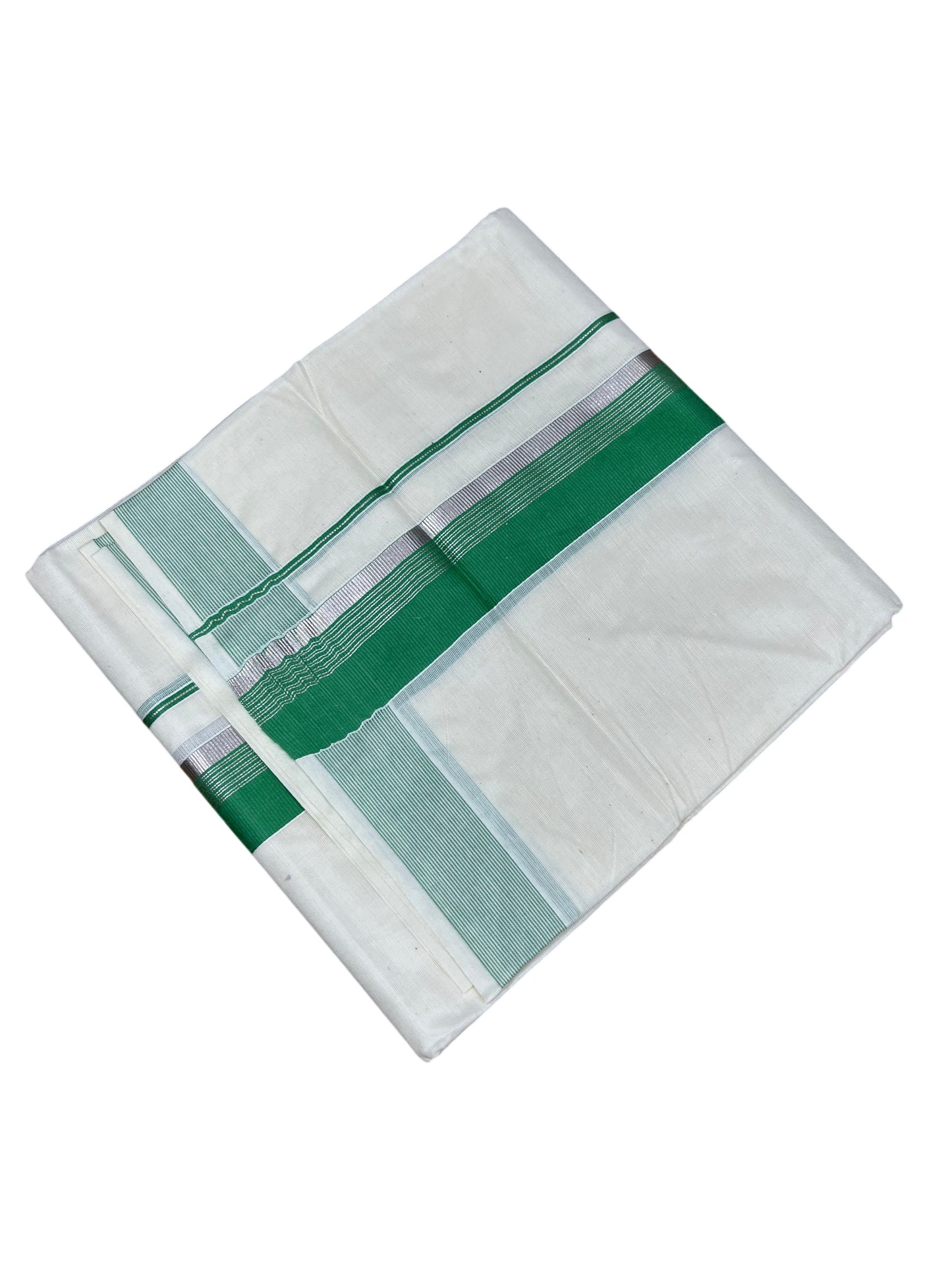 Southloom Pure Cotton Mundu with Silver Lines and Green Border (South Indian Kerala Dhoti)