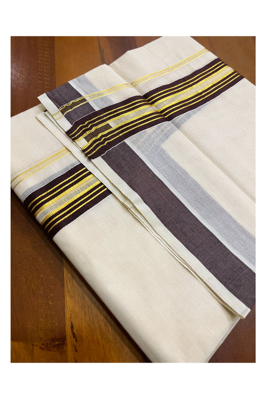 Kerala Pure Cotton Double Mundu with Brown and Kasavu Lines Border (South Indian Kerala Dhoti)