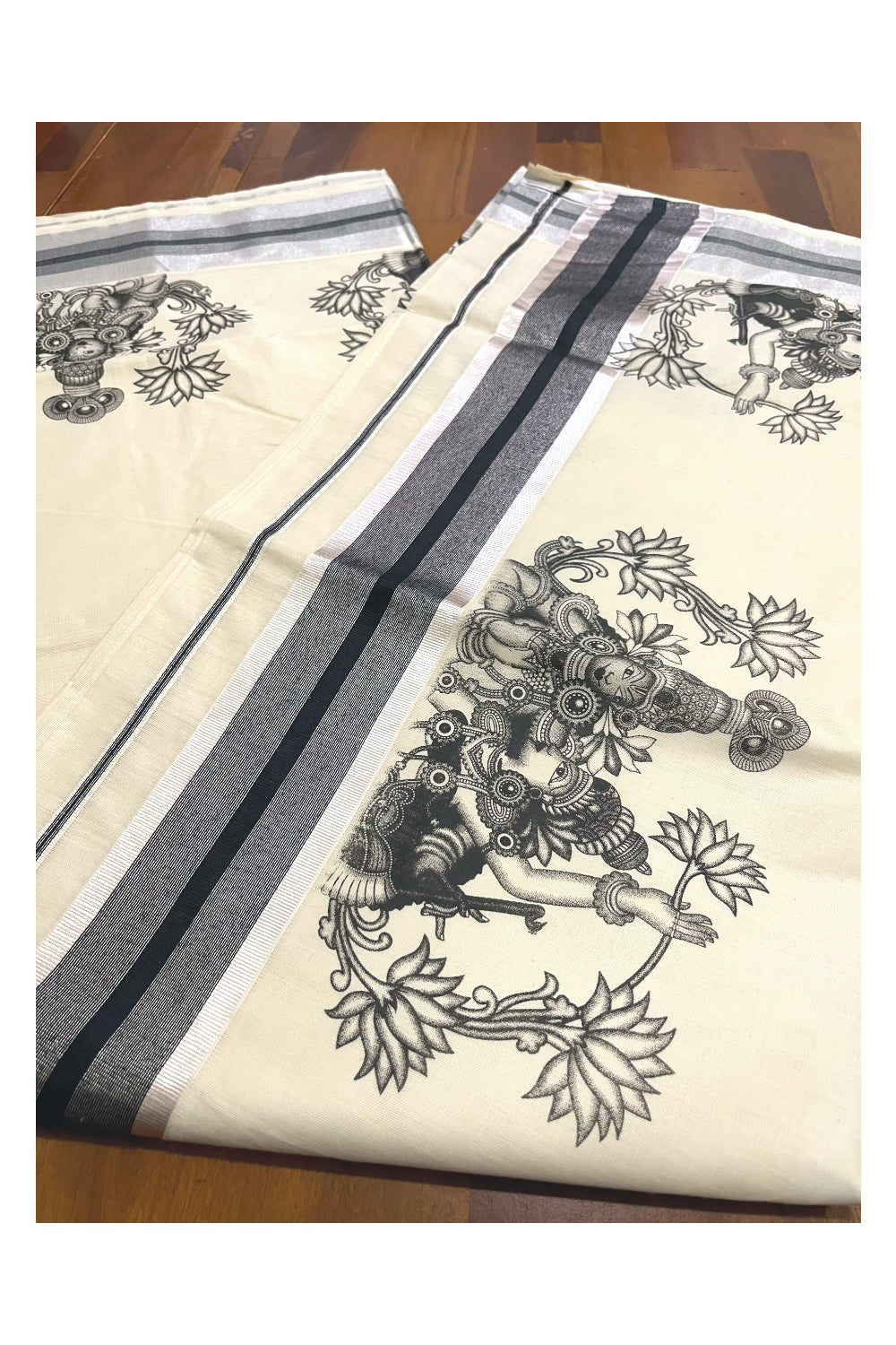 Pure Cotton Kerala Silver Kasavu Saree with Krishna Radha Mural Prints and Black Border