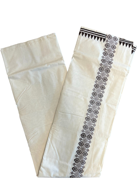 Southloom Pure Cotton Double Mundu with Block Prints on Black Kara (South Indian Kerala Dhoti)