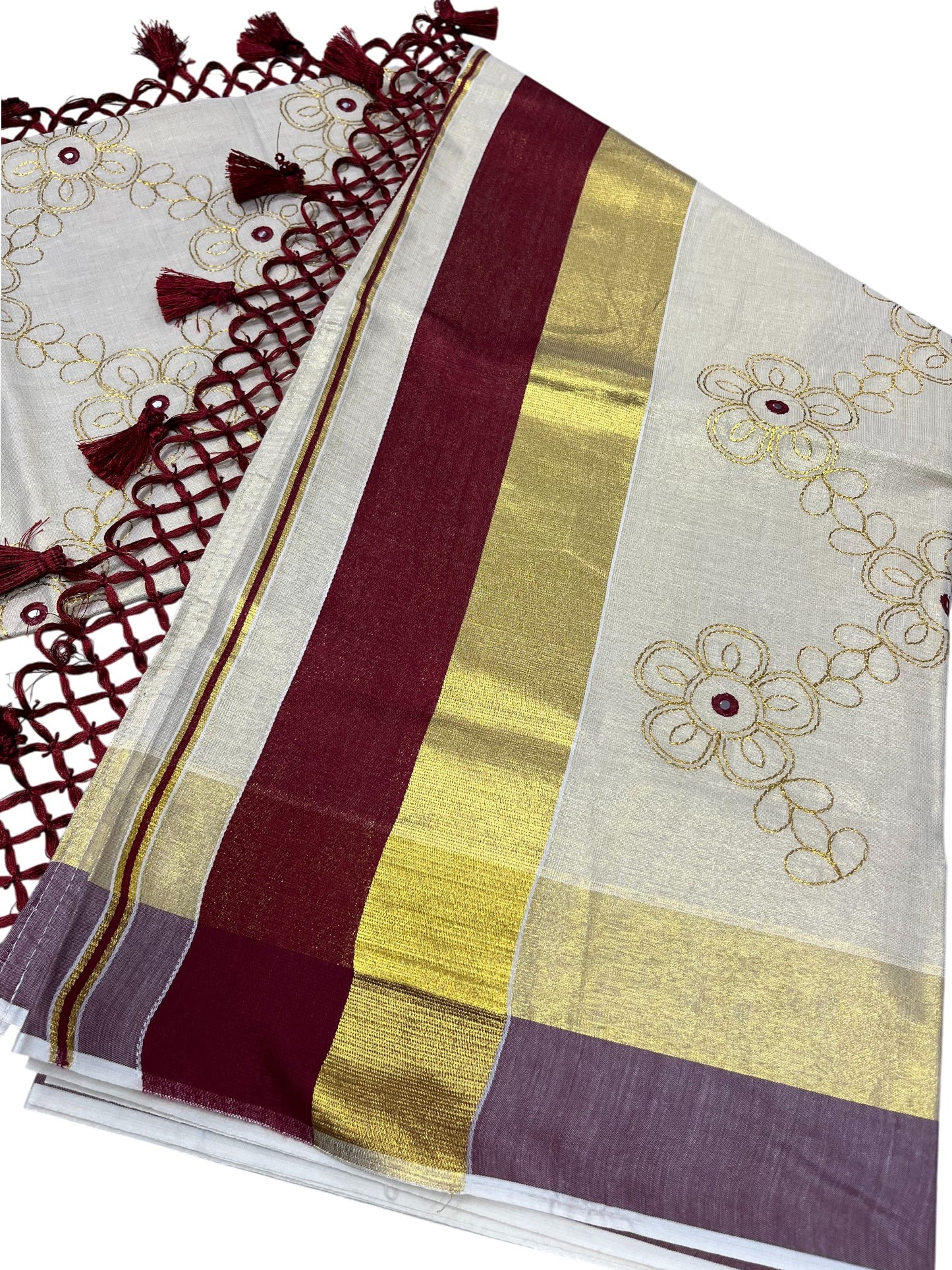 Kerala Tissue Kasavu Stripes Saree with Gold and Maroon Floral Embroidery Design on Body SL269