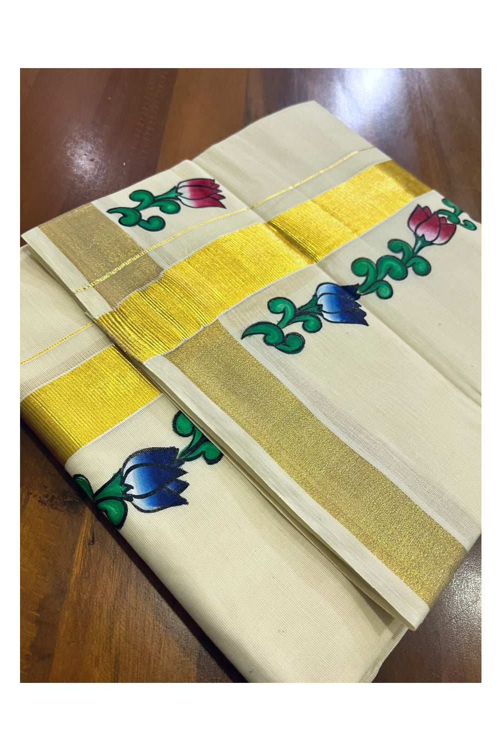 Off White Kerala Cotton Double Mundu with Floral Hand Painted Designs on Kasavu Border (South Indian Kerala Dhoti)