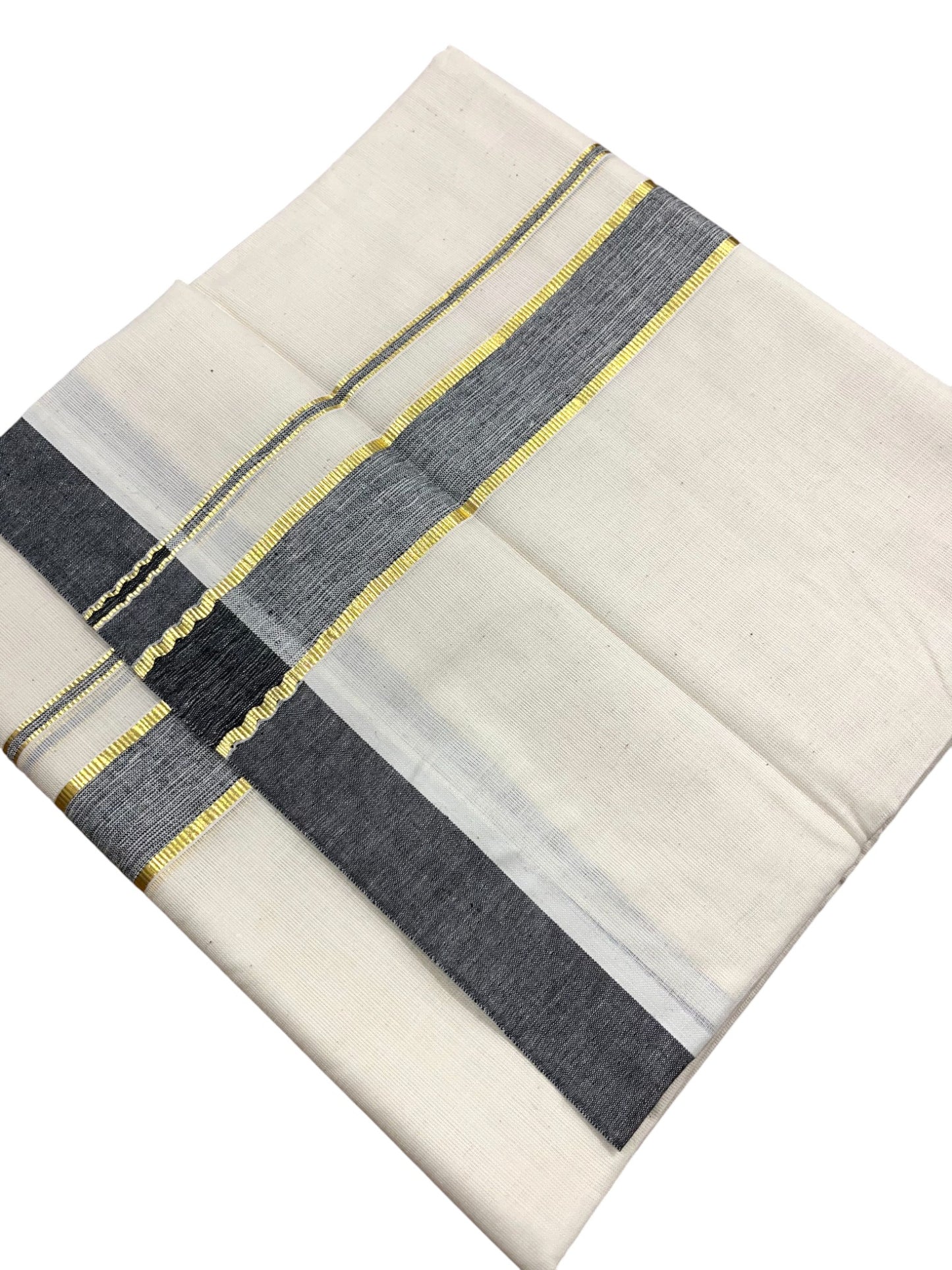 Southloom Kerala Pure Cotton Double Mundu with Gold Lines & Black Border (South Indian Dhoti)