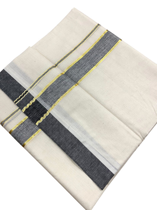 Southloom Kerala Pure Cotton Double Mundu with Gold Lines & Black Border (South Indian Dhoti)