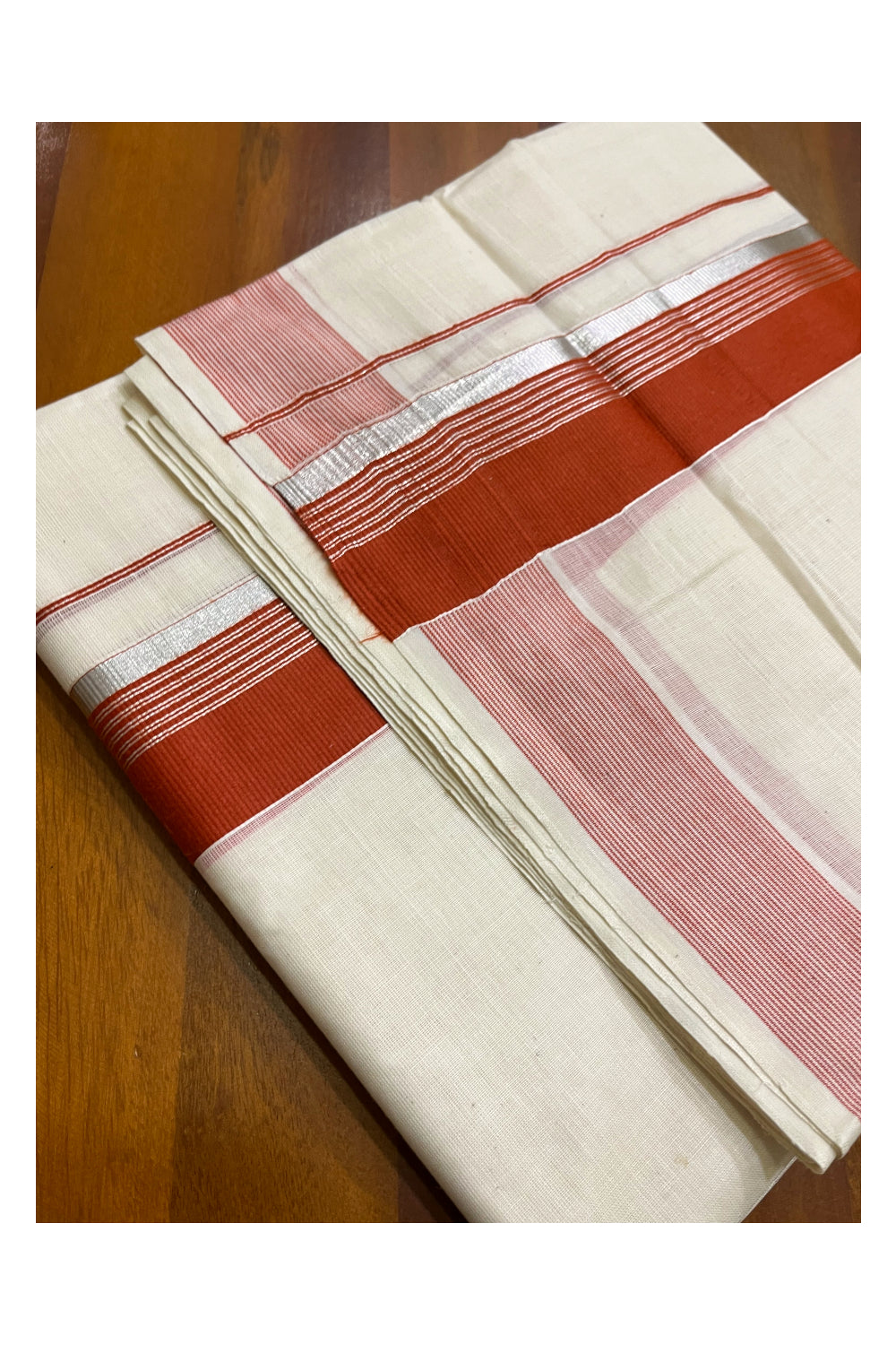 Off White Kerala Cotton Double Mundu with Silver Kasavu and Orange Border (South Indian Kerala Dhoti)