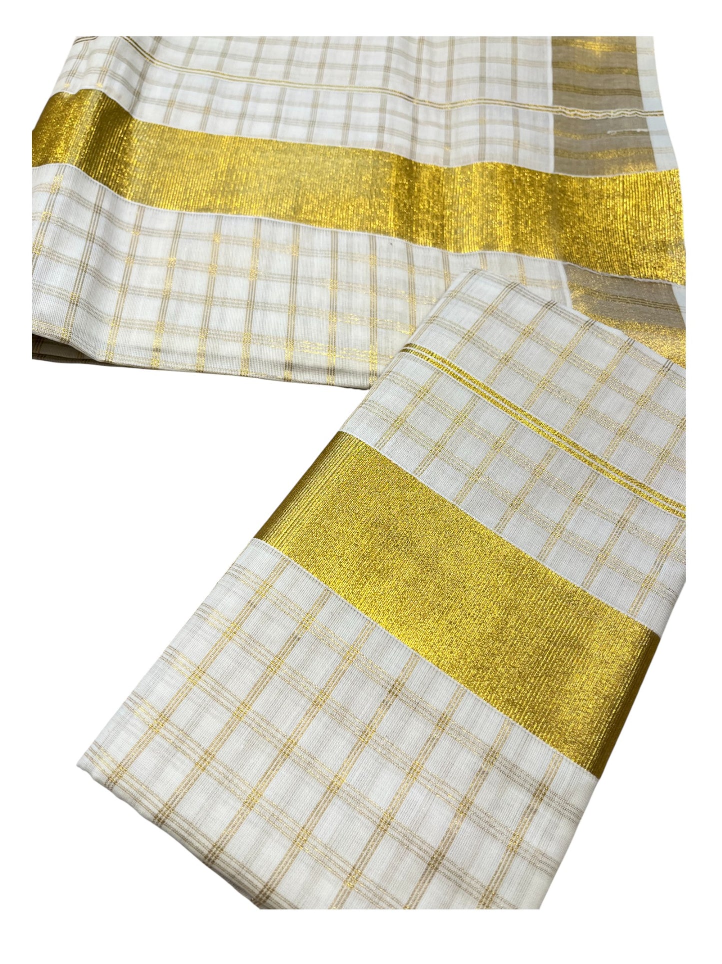 Southloom Pure Cotton Mundum Neriyathum (Set Mundu) with Gold Kasavu Check Acorss Body