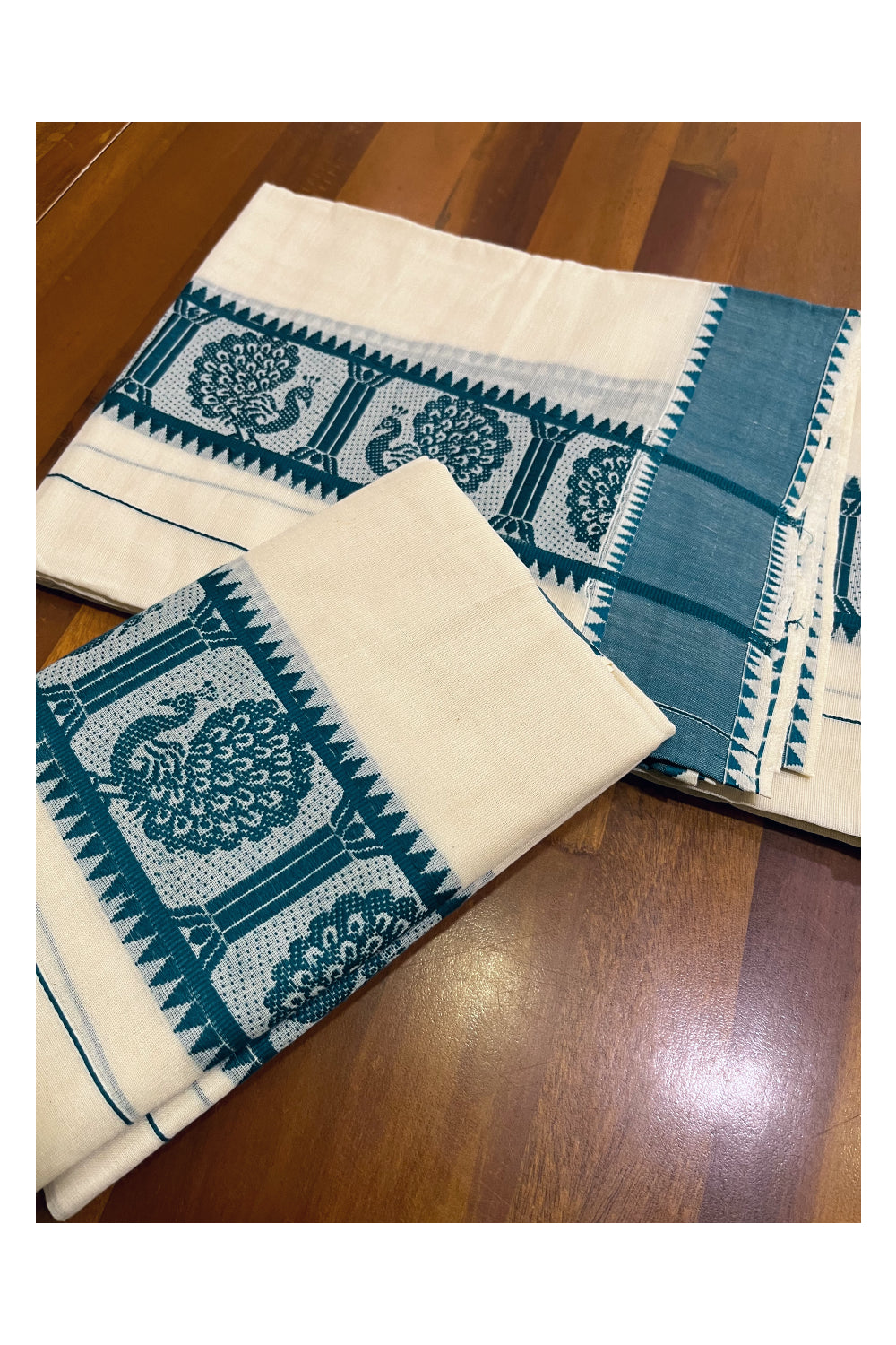 Kerala Cotton Single Set Mundu (Mundum Neriyathum) with Green Woven Designs on Border - 2.80Mtrs