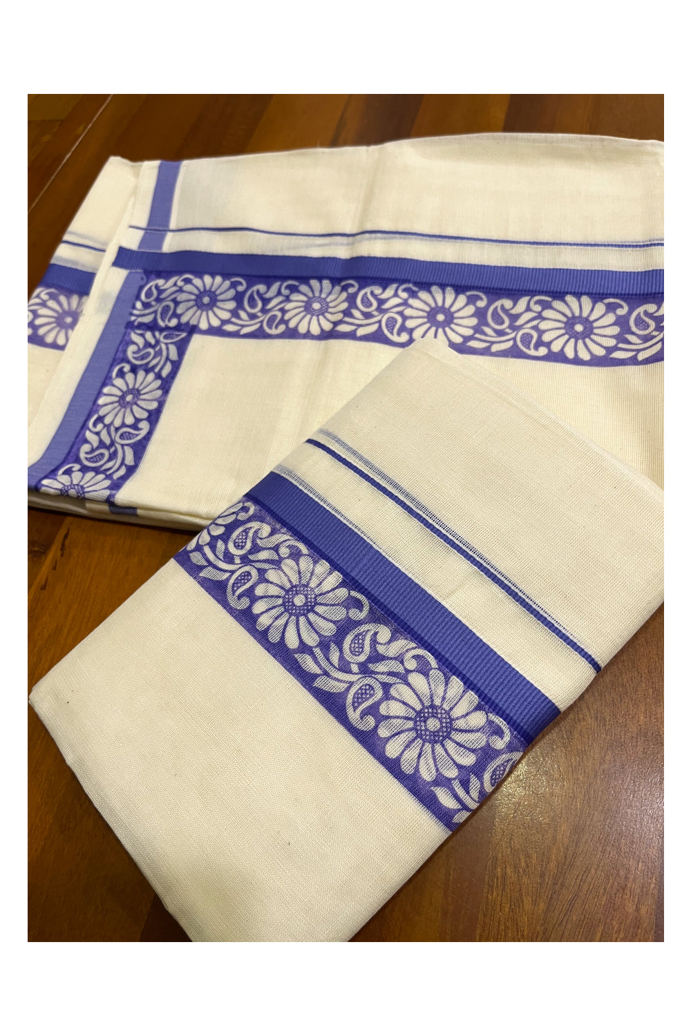 Kerala Cotton Kasavu Single Set Mundu (Mundum Neriyathum) with Violet Kara and  Block prints (Onam 2024 Collection)