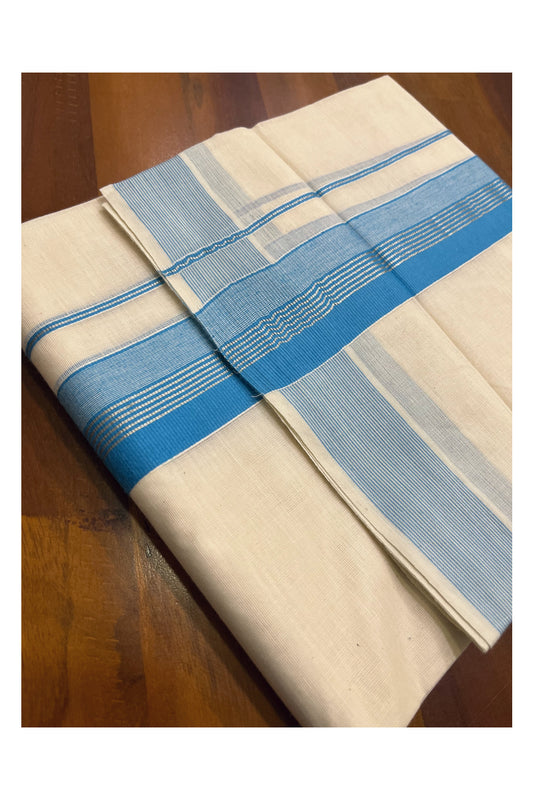 Kerala Pure Cotton Double Mundu with Blue and Silver Kasavu Border (South Indian Kerala Dhoti)