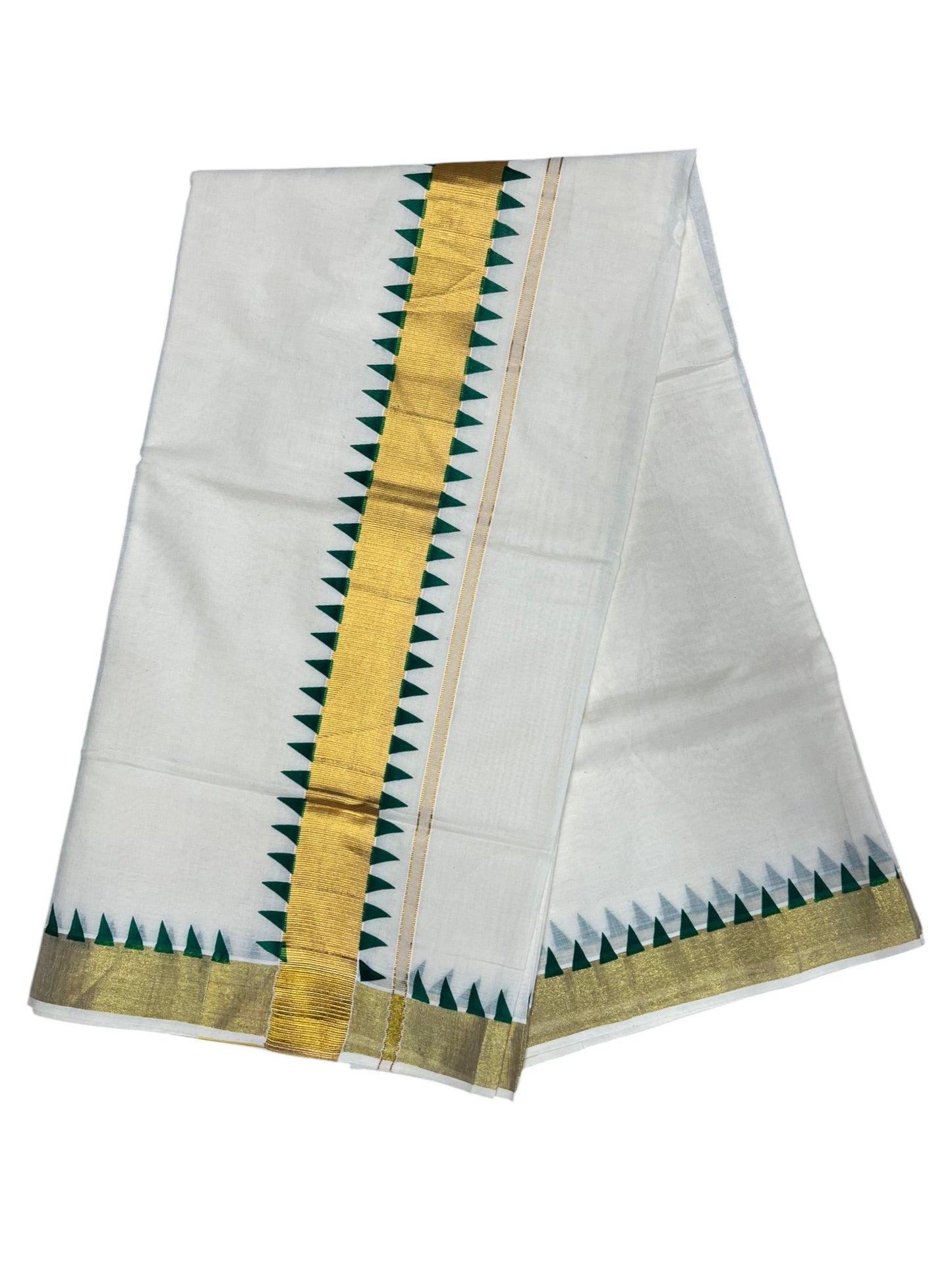 Southloom Cotton Kerala Kasavu Saree with Green Tample Design Border