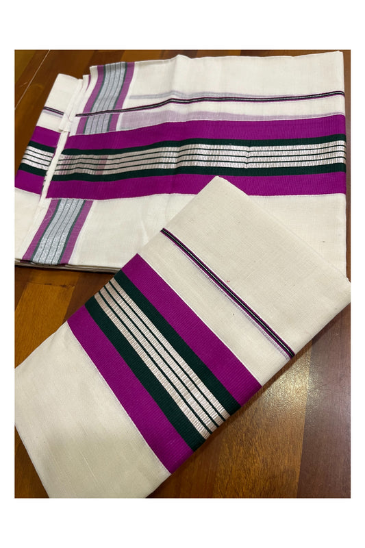 Kerala Cotton Silver Kasavu Set Mundu (Mundum Neriyathum) with Magenta and Dark Green Border 2.80 Mtrs