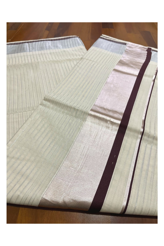 Pure Cotton Kerala Silver Kasavu Lines Saree with 3 inch Brown and Silver Border (Onam Saree 2023)