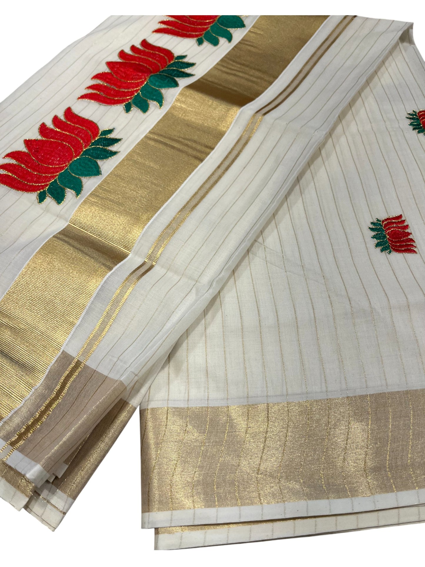 Southloom Kerala Cotton Kasavu Line Saree with Red Lotus Embroidery Works