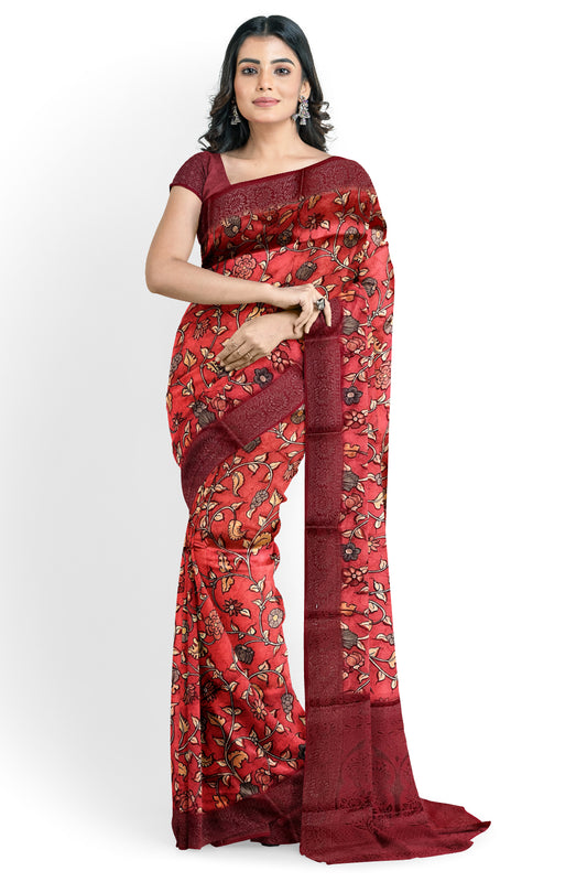 Southloom Semi Tussar Red Floral Designer Saree