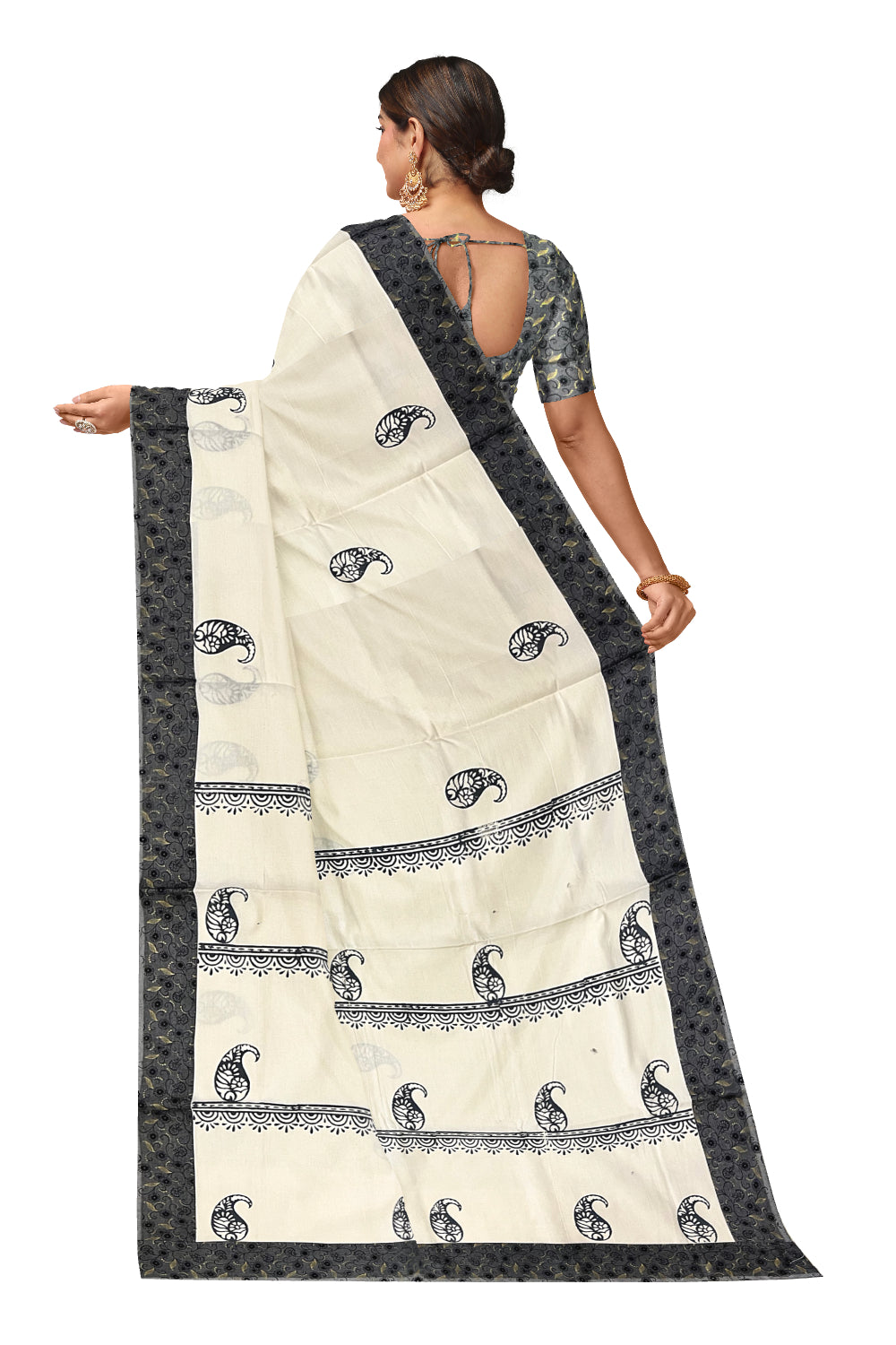 Pure Cotton Kerala Saree with Hand Block Grey Paisley Batik Prints on Border