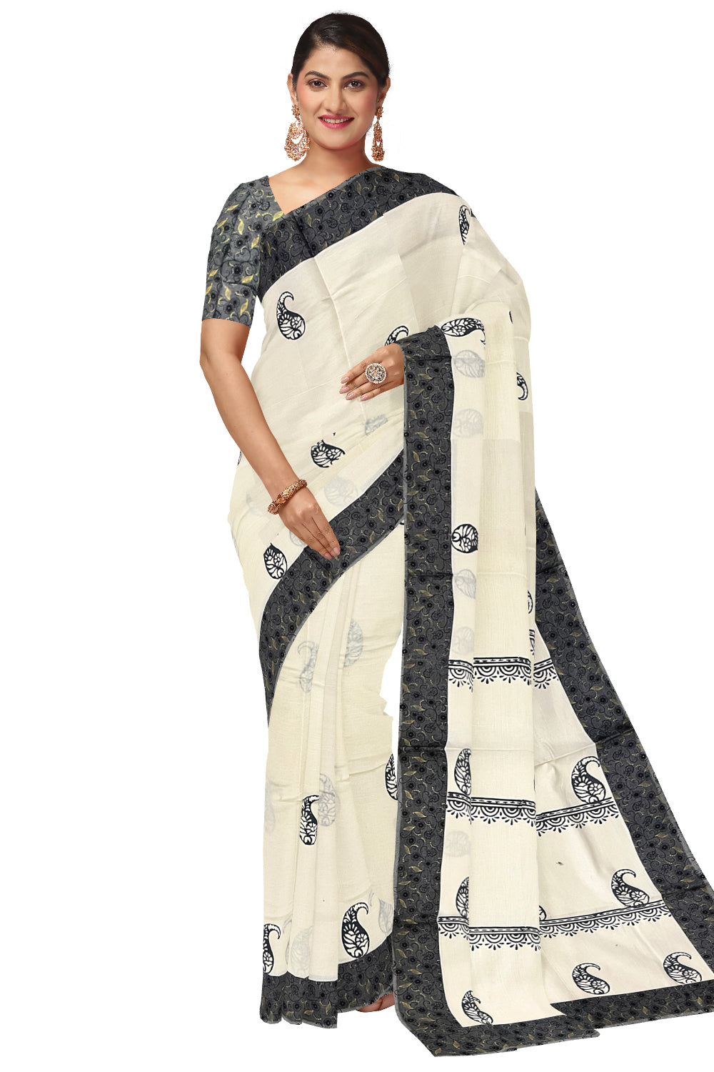 Pure Cotton Kerala Saree with Hand Block Grey Paisley Batik Prints on Border