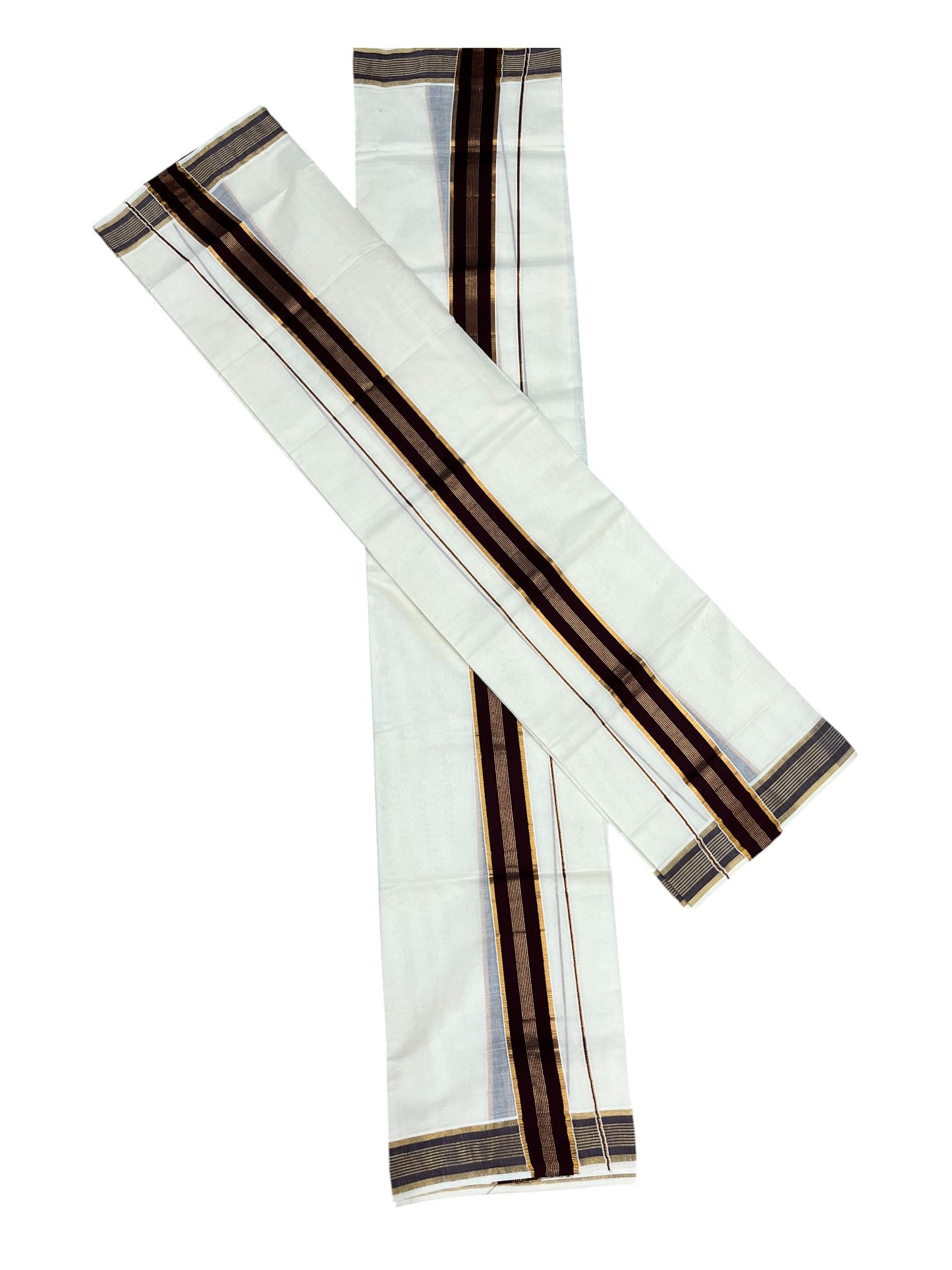 Kerala Cotton Single Set Mundu (Mundum Neriyathum) with Brown Kasavu Border in 2.80 Mtrs