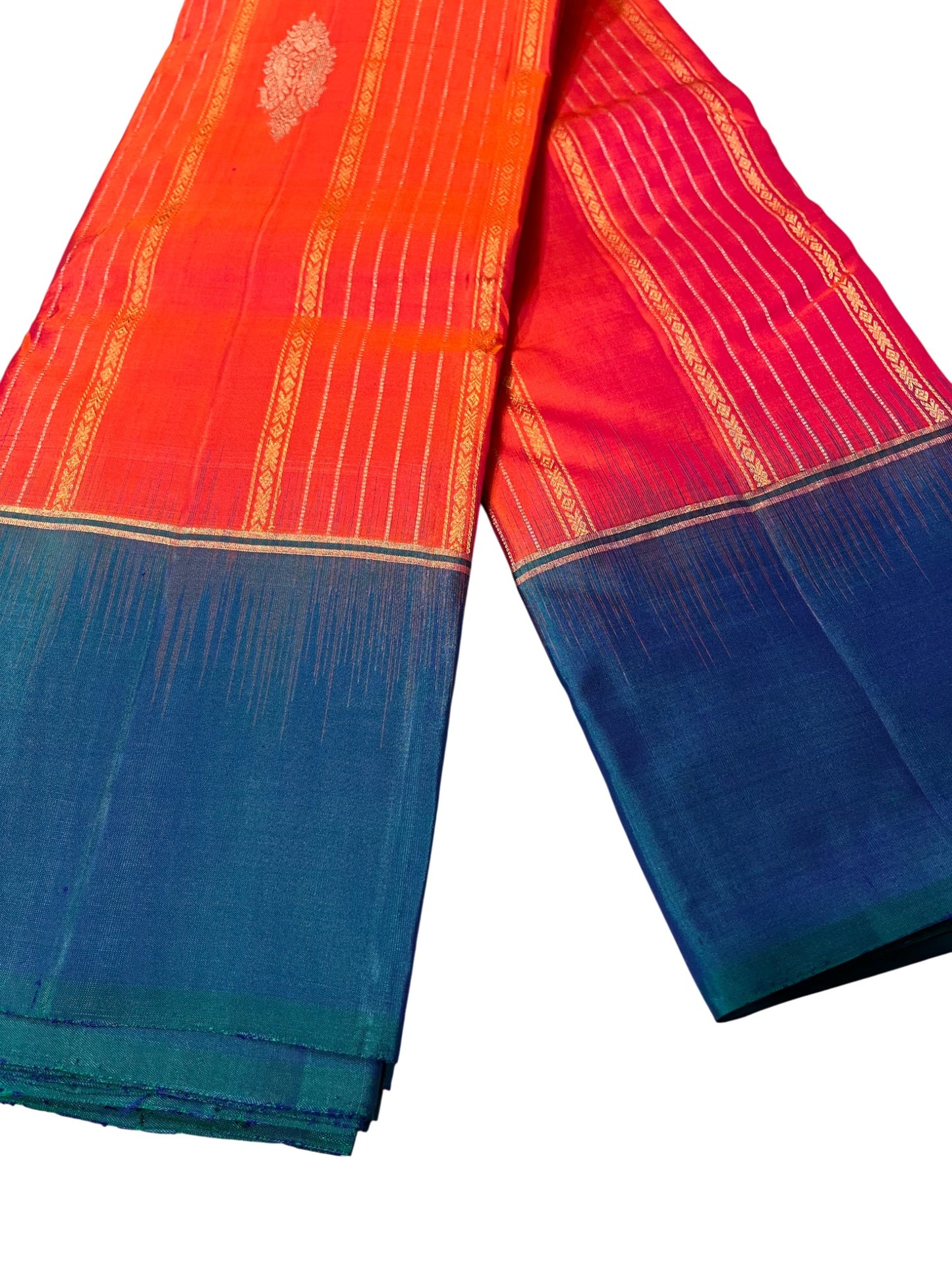 Southloom Pure Handloom Bridal Kanchipuram Silk Saree with Korvai Work (Orange & Blue)
