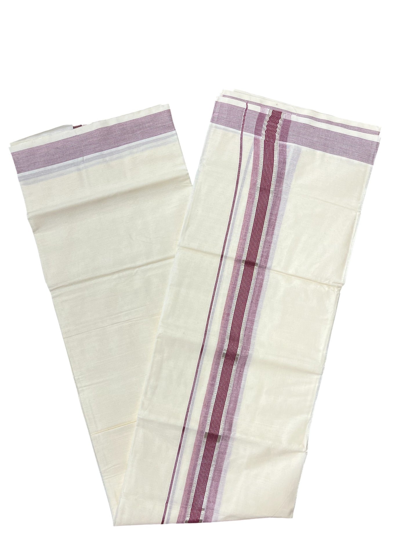 Southloom Kerala Pure Cotton Double Mundu with Silver Lines & Purple Border (South Indian Dhoti)