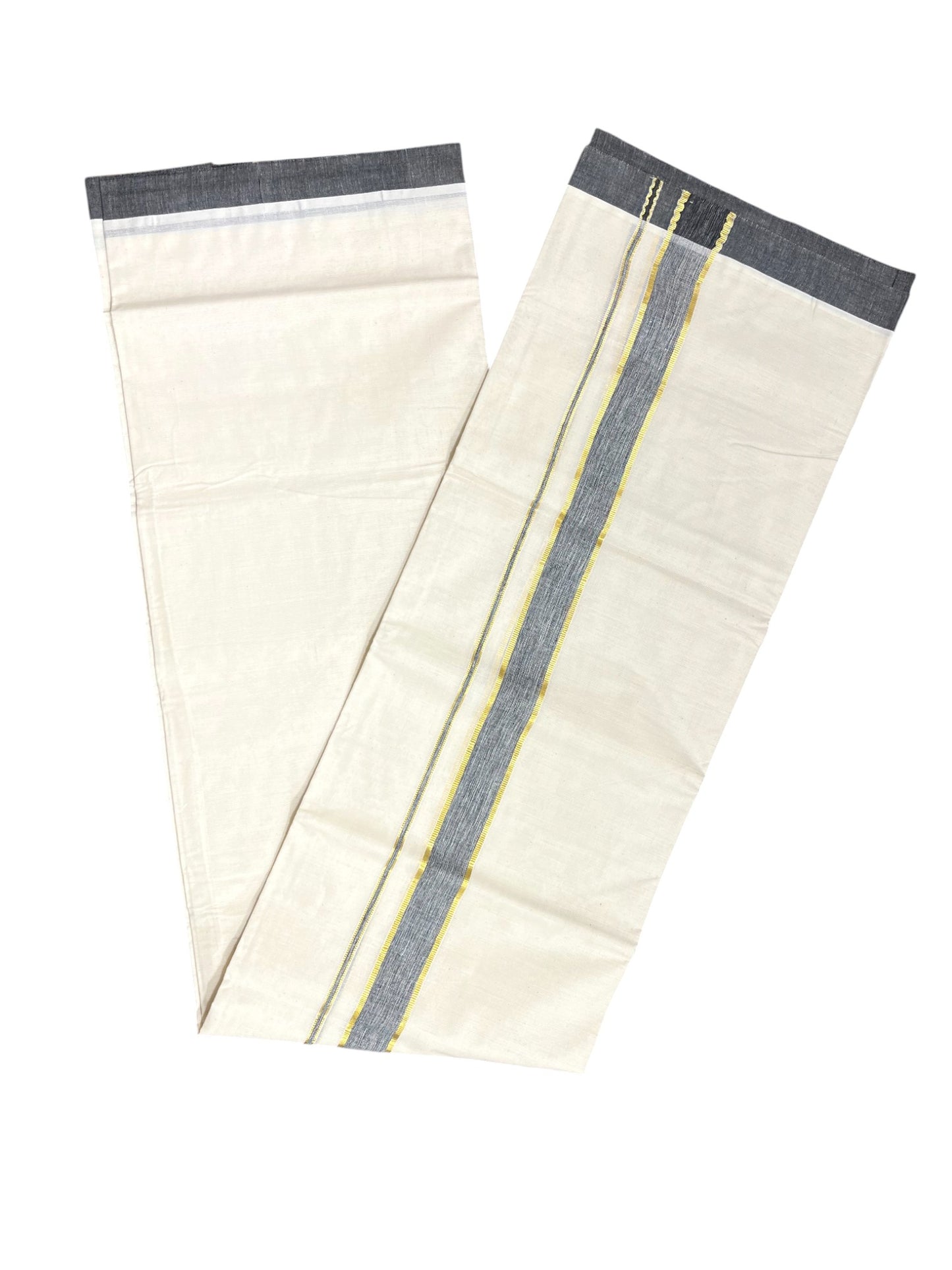 Southloom Kerala Pure Cotton Double Mundu with Gold Lines & Black Border (South Indian Dhoti)