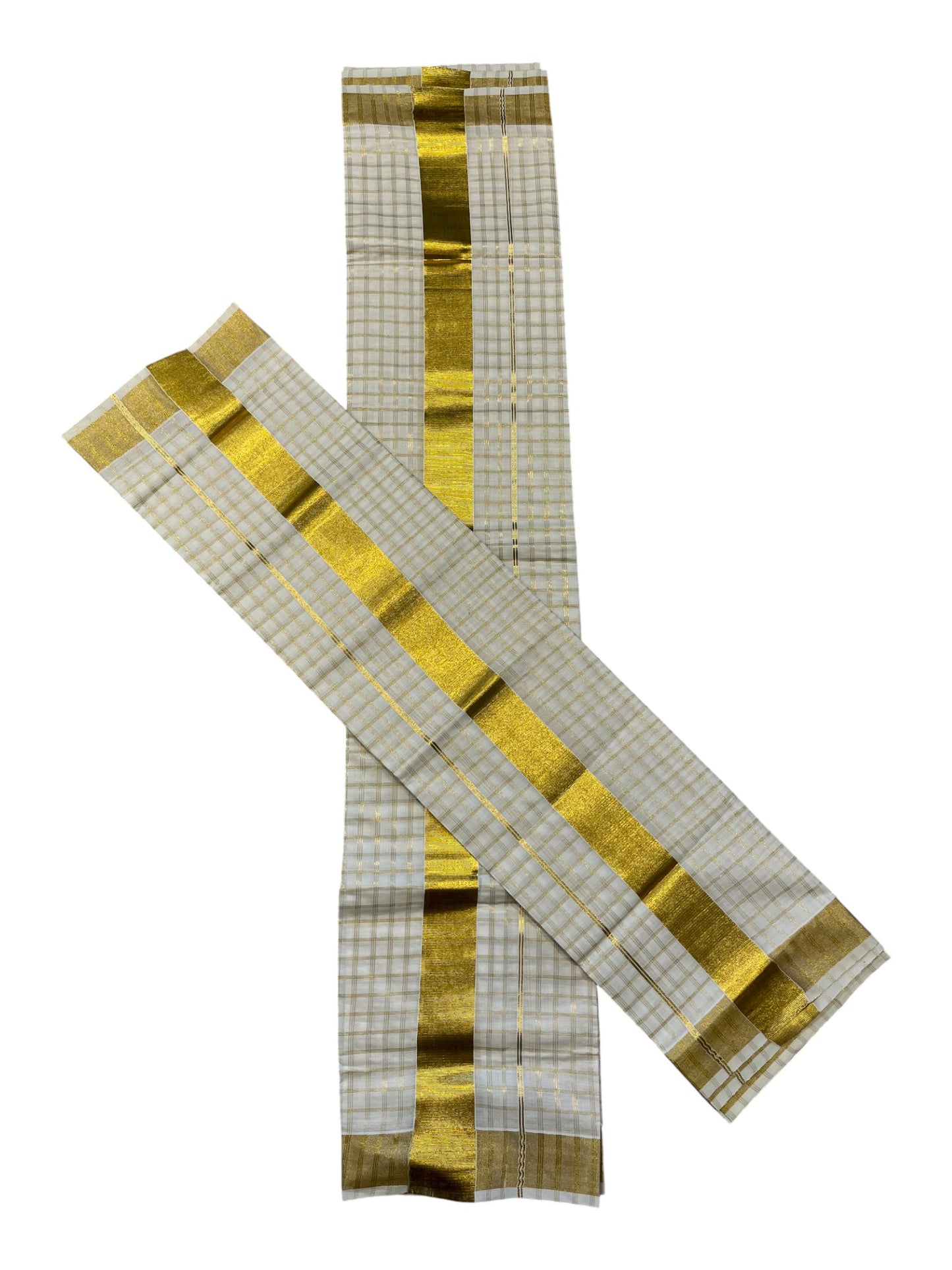 Southloom Pure Cotton Mundum Neriyathum (Set Mundu) with Gold Kasavu Check Acorss Body