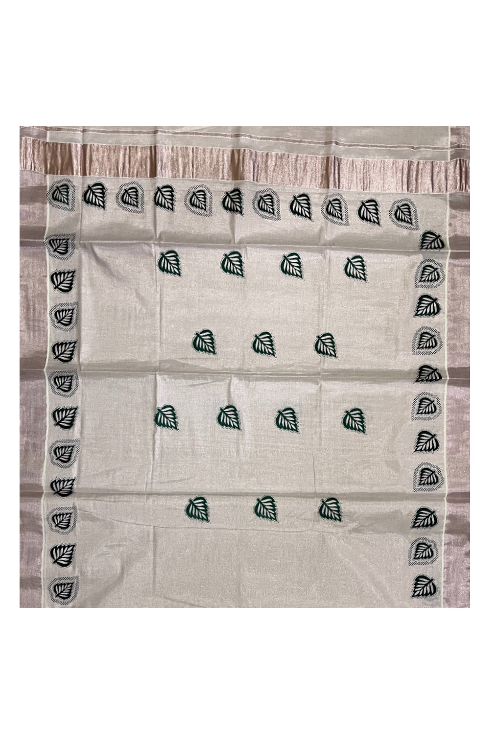 Kerala Rose Copper Tissue Kasavu Saree with Green Leaf Block Printed Design