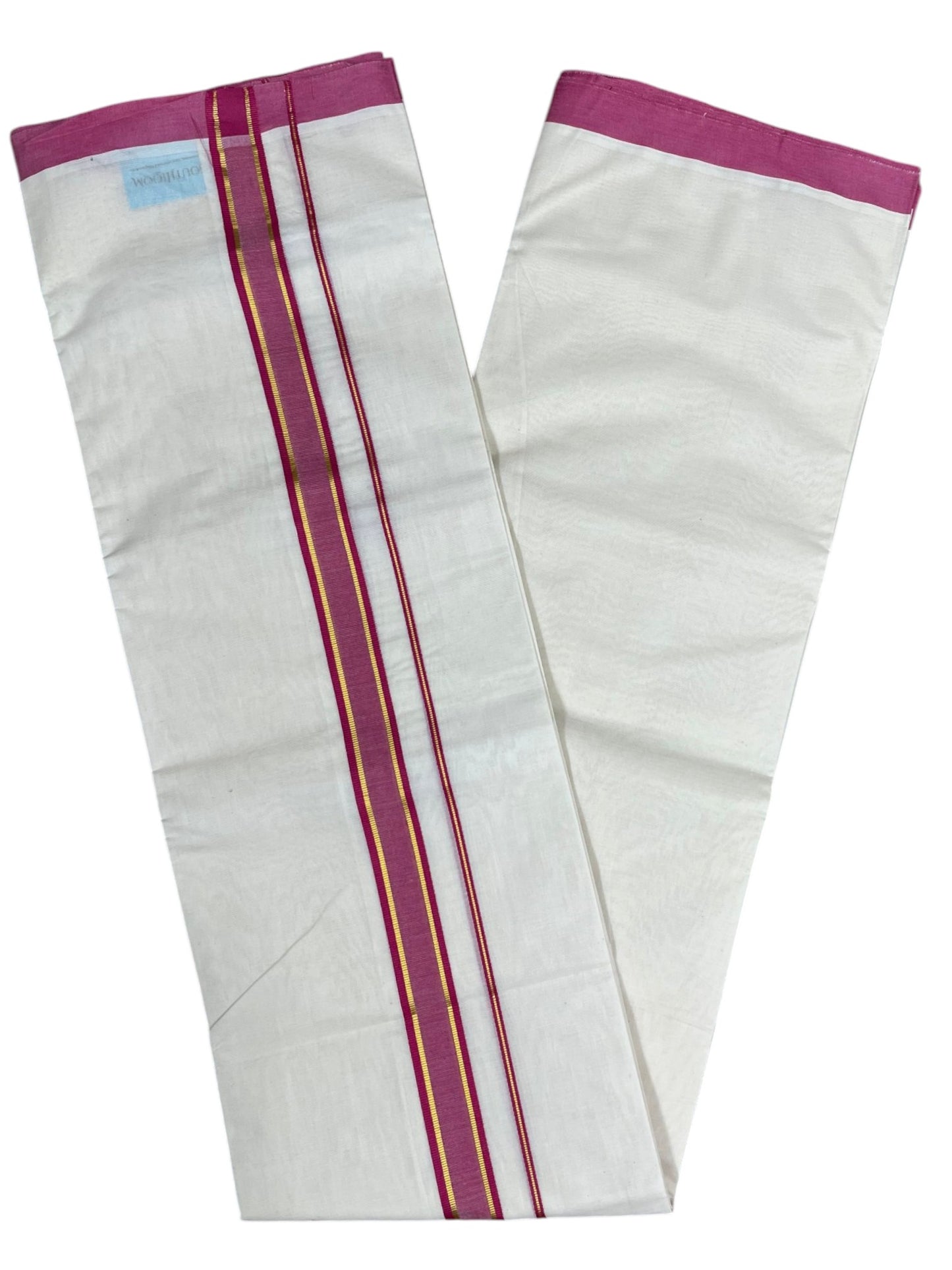 Southloom Pure Cotton Mundu with Gold Lines and Pink Border (South Indian Kerala Dhoti)