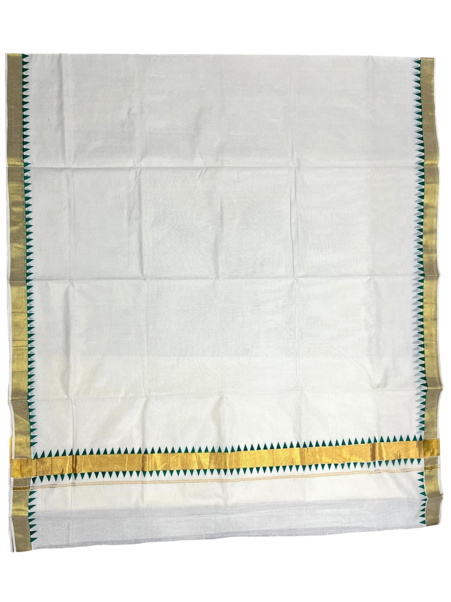 Southloom Cotton Kerala Kasavu Saree with Green Tample Design Border