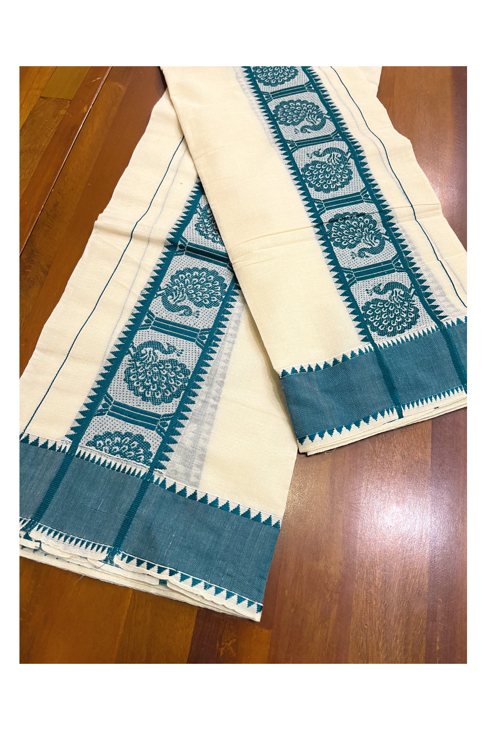 Kerala Cotton Single Set Mundu (Mundum Neriyathum) with Green Woven Designs on Border - 2.80Mtrs