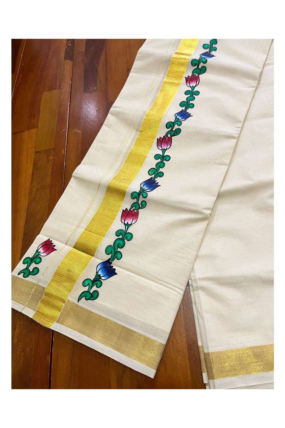 Off White Kerala Cotton Double Mundu with Floral Hand Painted Designs on Kasavu Border (South Indian Kerala Dhoti)