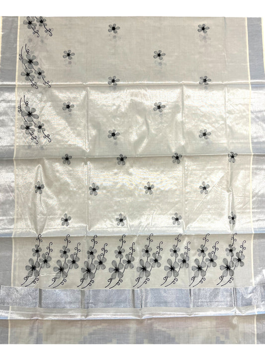 Southloom Kerala Tissue Silver Kasavu Saree with Grey Floral Embroidery on Body and Border