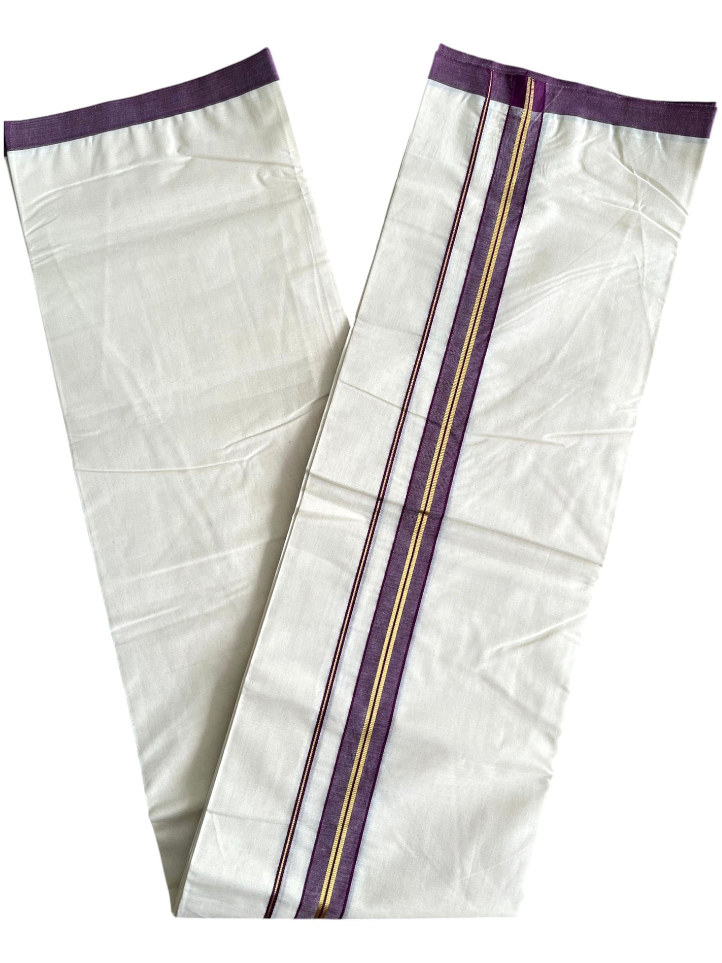 Southloom Pure Cotton Mundu with Golden Lines and Purple Border (South Indian Kerala Dhoti)