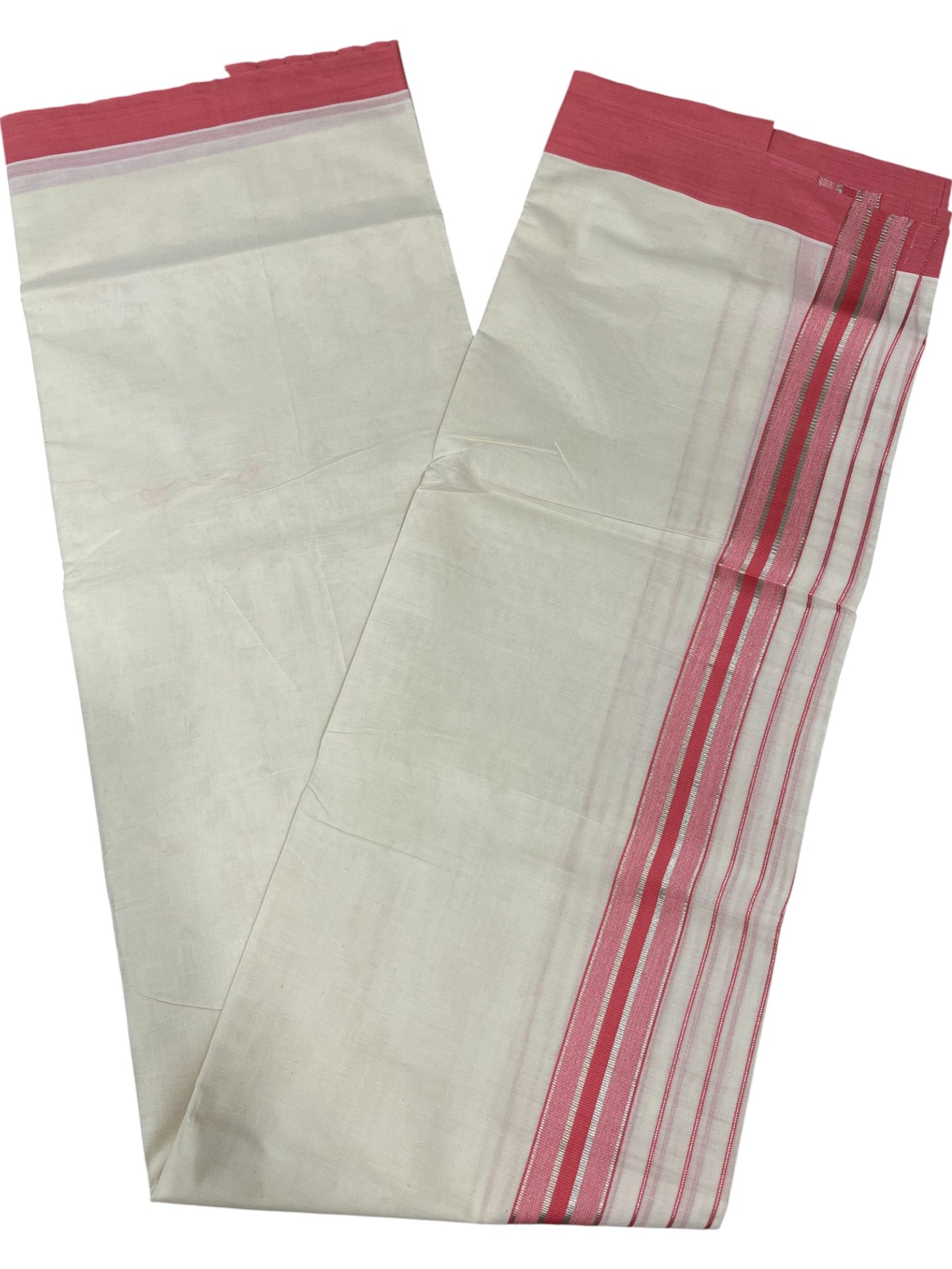 Southloom Kerala Pure Cotton Double Mundu with Pink And Silver Lines Border (South Indian Dhoti)