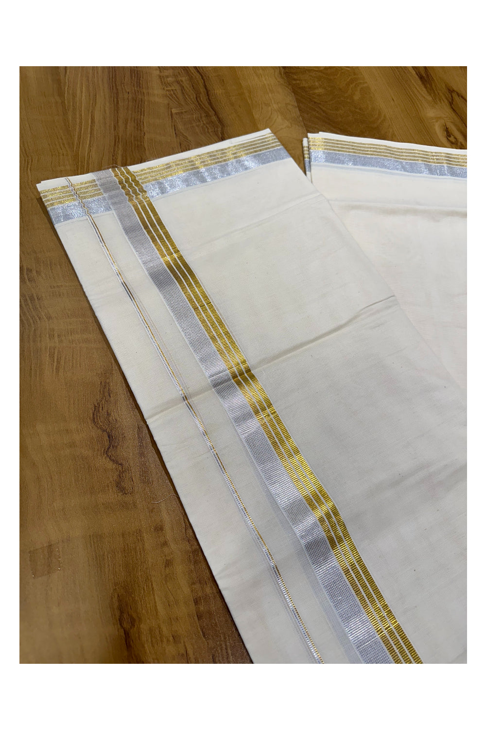 Kerala Pure Cotton Double Mundu with Silver and Golden Kasavu Border (South Indian Kerala Dhoti)