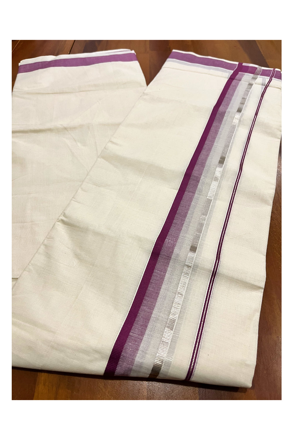 Kerala Pure Cotton Double Mundu with Purple and Silver Kasavu Border (South Indian Kerala Dhoti)