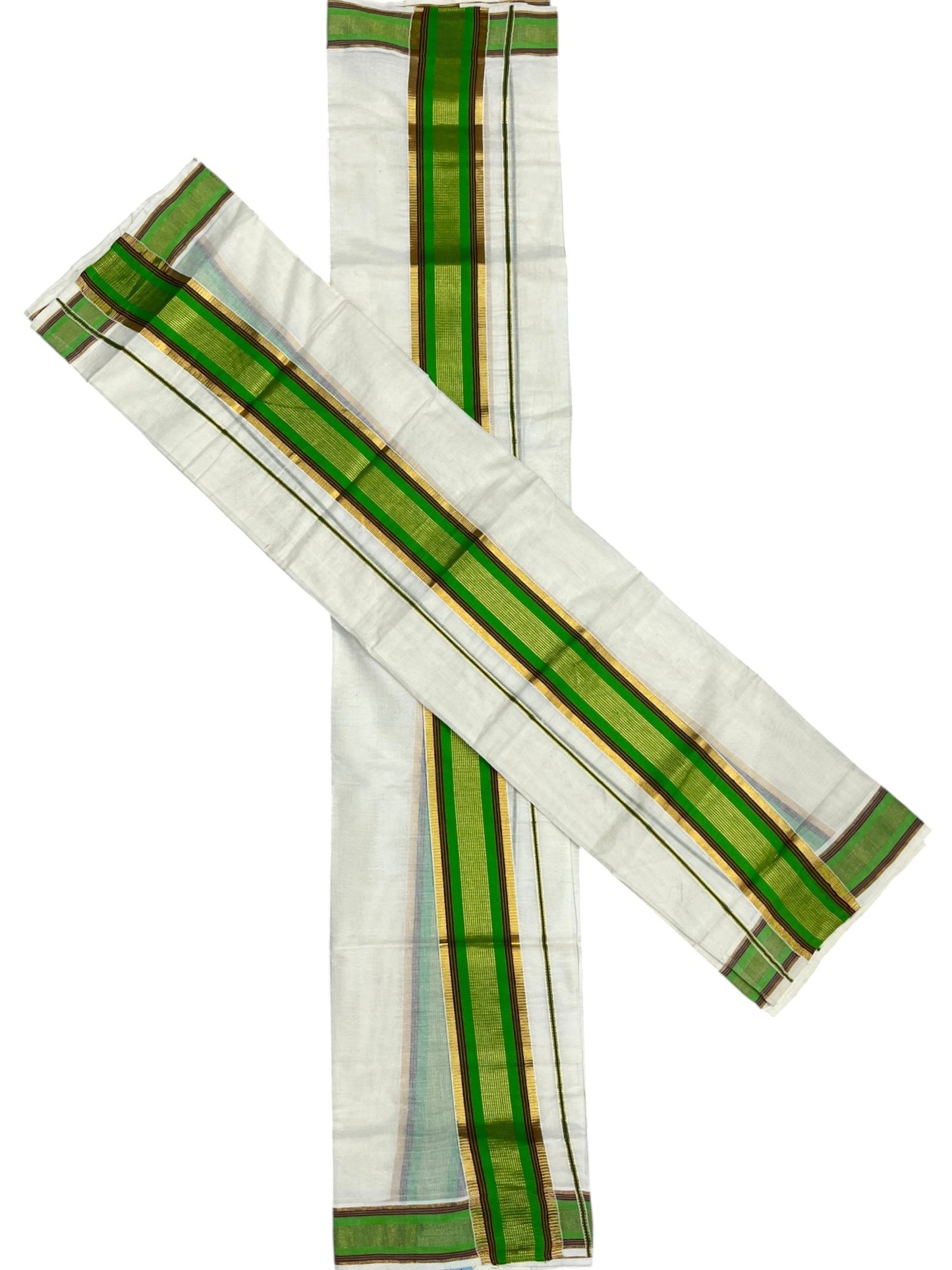 Kerala Cotton Set Mundu (Mundum Neriyathum) with Kasavu and Light Green& Maroon Border in 2.80 Mtrs SLKK SL470