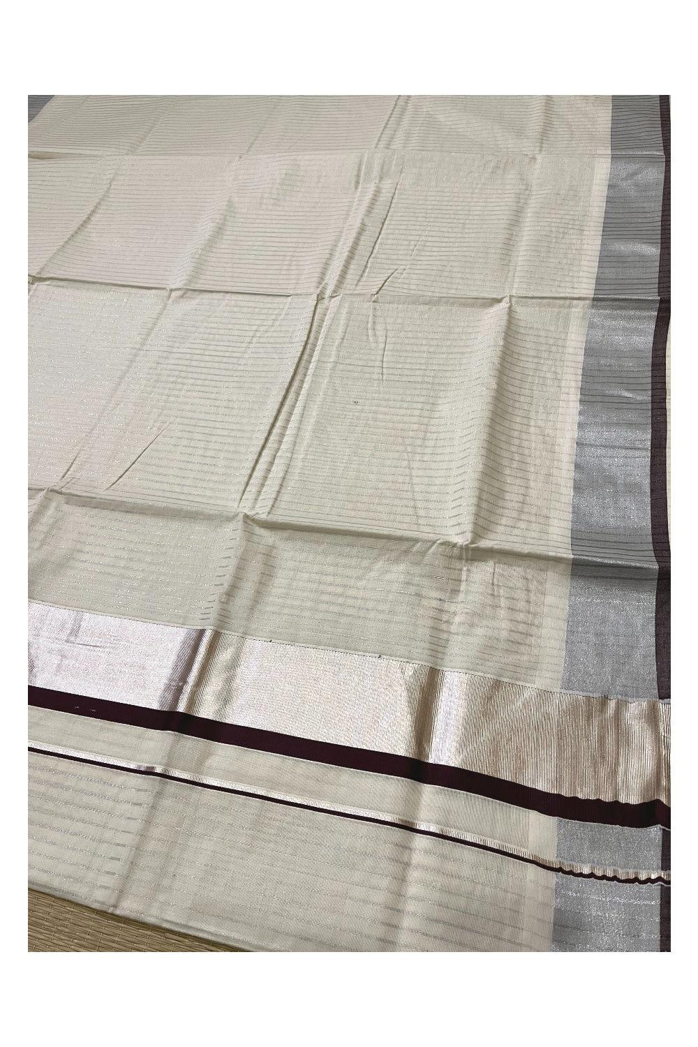 Pure Cotton Kerala Silver Kasavu Lines Saree with 3 inch Brown and Silver Border (Onam Saree 2023)