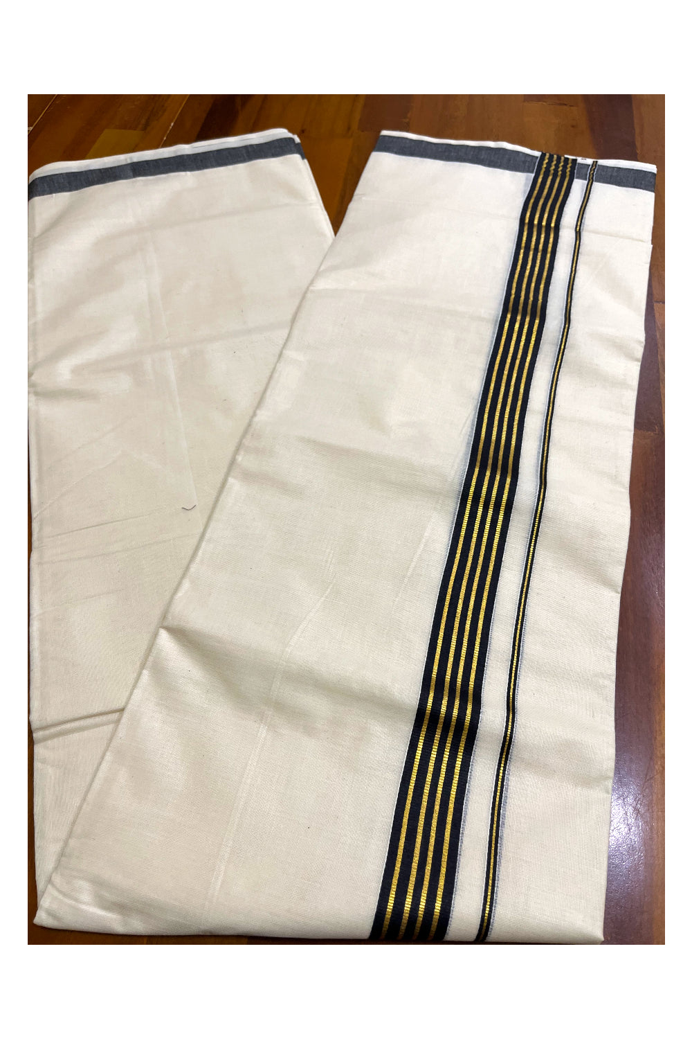 Kerala Pure Cotton Double Mundu with Black and Kasavu Lines Border (South Indian Kerala Dhoti)