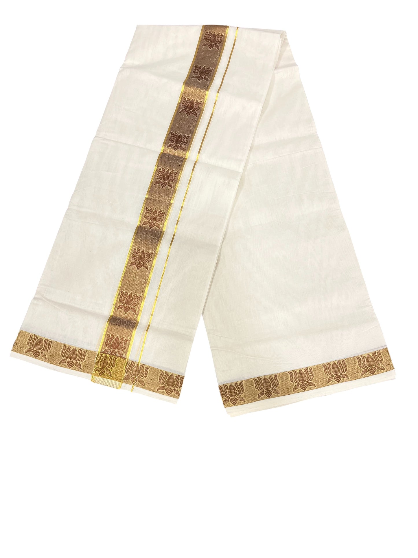 Southloom Premium Balaramapuram Handloom Wedding Mundu with Brown and Kasavu Woven Border (South Indian Kerala Dhoti)