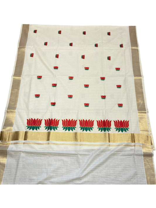 Southloom Kerala Cotton Kasavu Line Saree with Red Lotus Embroidery Works