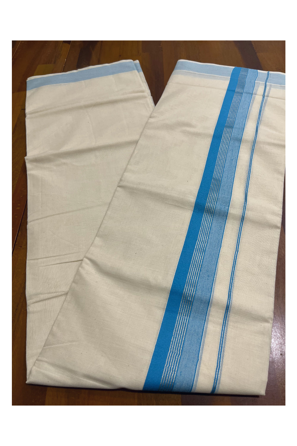 Kerala Pure Cotton Double Mundu with Blue and Silver Kasavu Border (South Indian Kerala Dhoti)