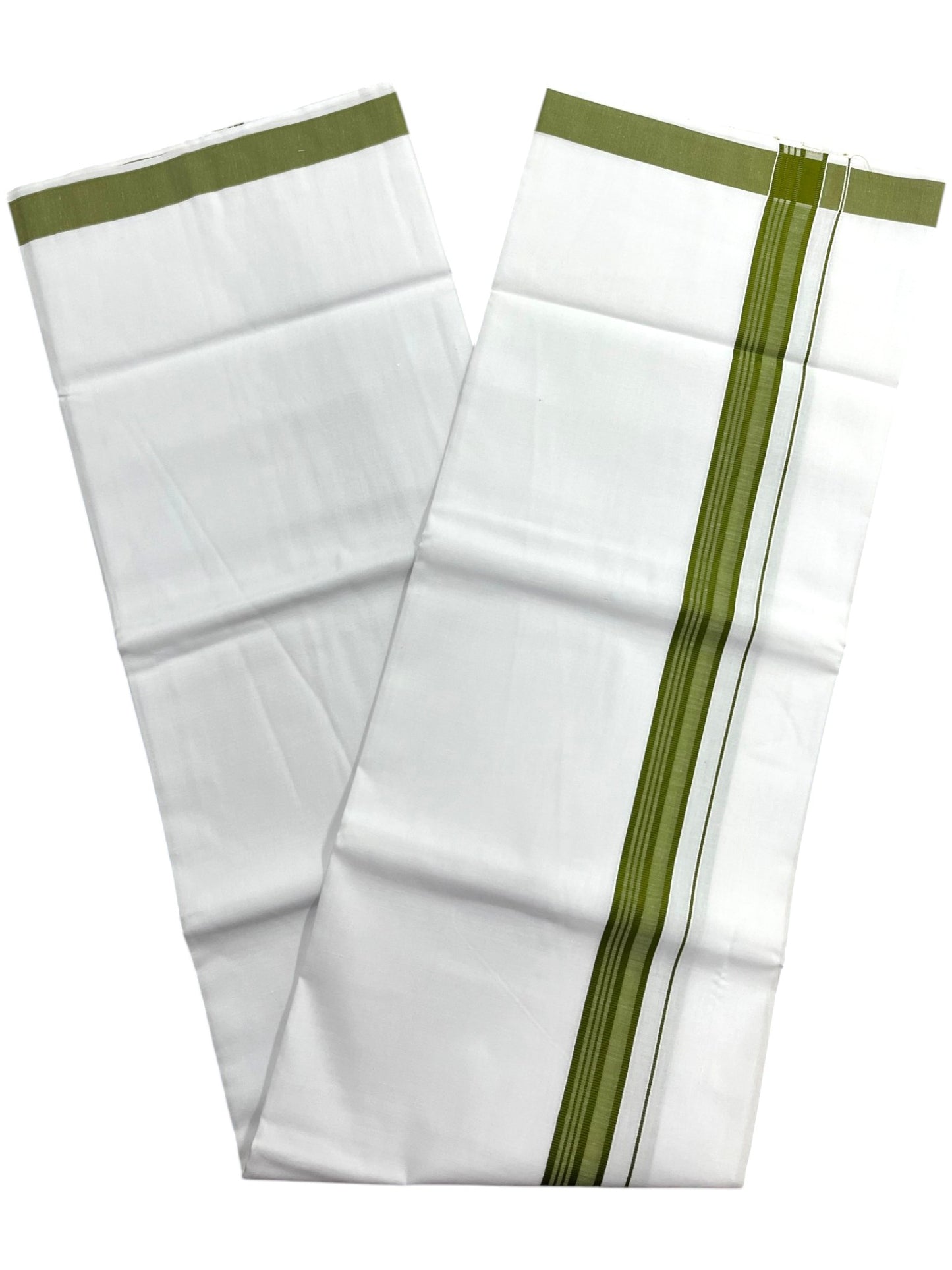 Southloom Pure White Cotton Mundu with Olive Green Lines Border (South Indian Kerala Dhoti)