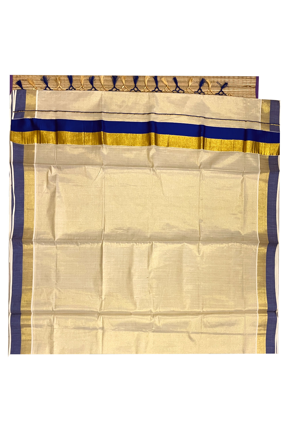 Kerala Tissue Kasavu Plain Saree with Kasavu and Blue Border