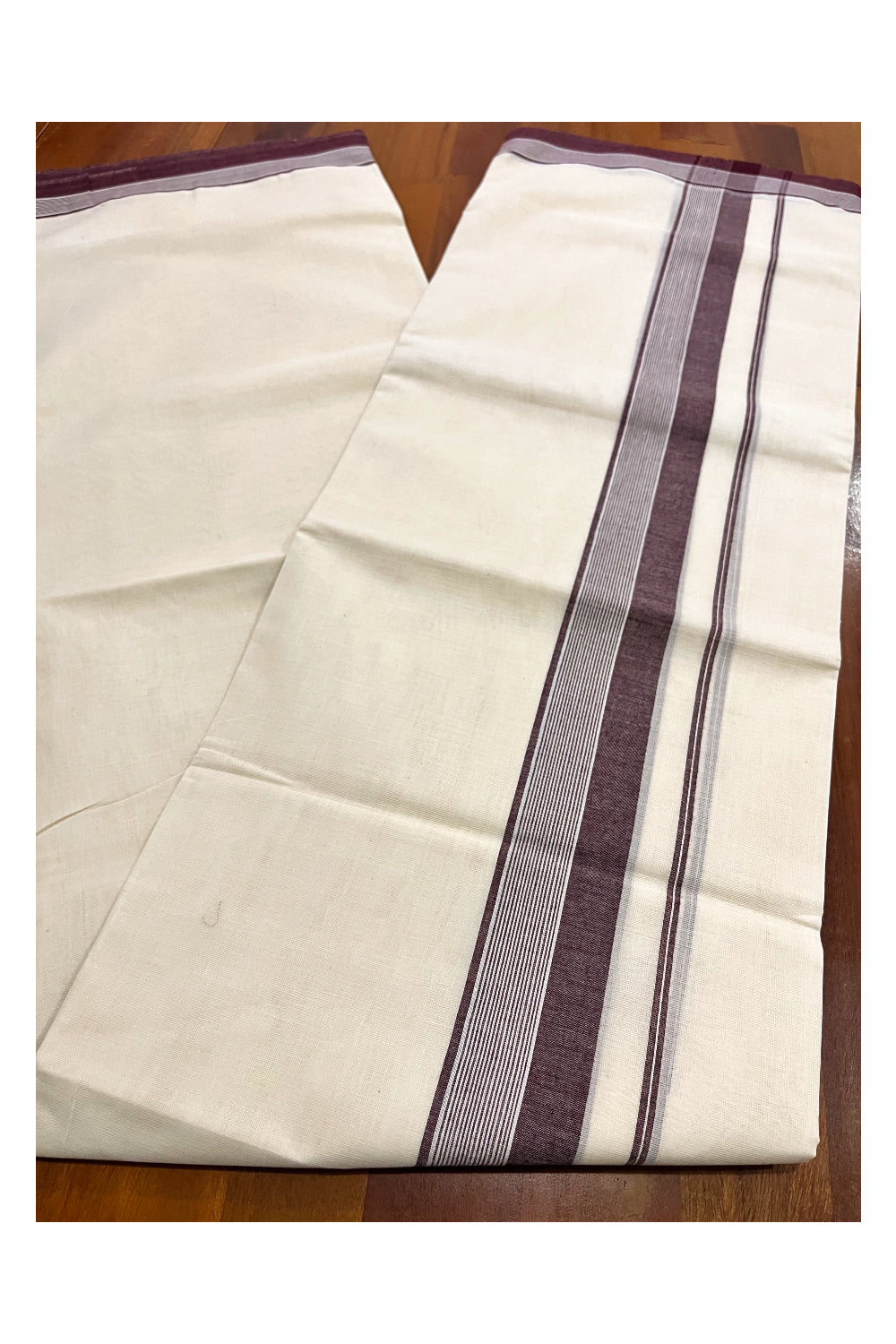 Pure Cotton 100x100 Double Mundu with Brown Line Border (South Indian Kerala Dhoti)