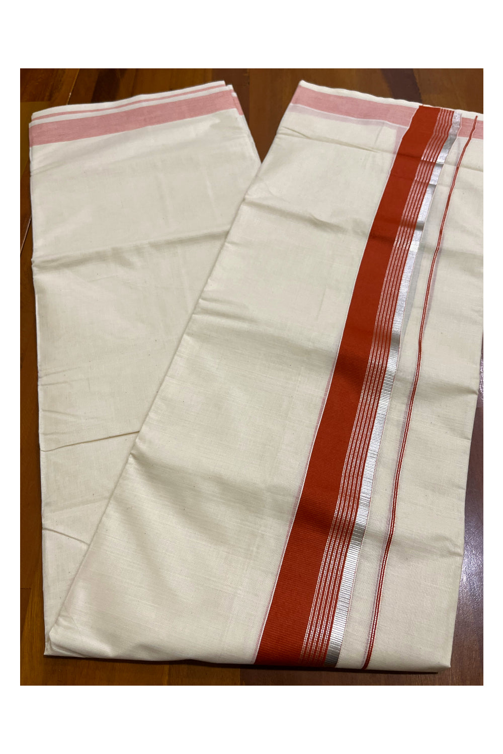 Off White Kerala Cotton Double Mundu with Silver Kasavu and Orange Border (South Indian Kerala Dhoti)