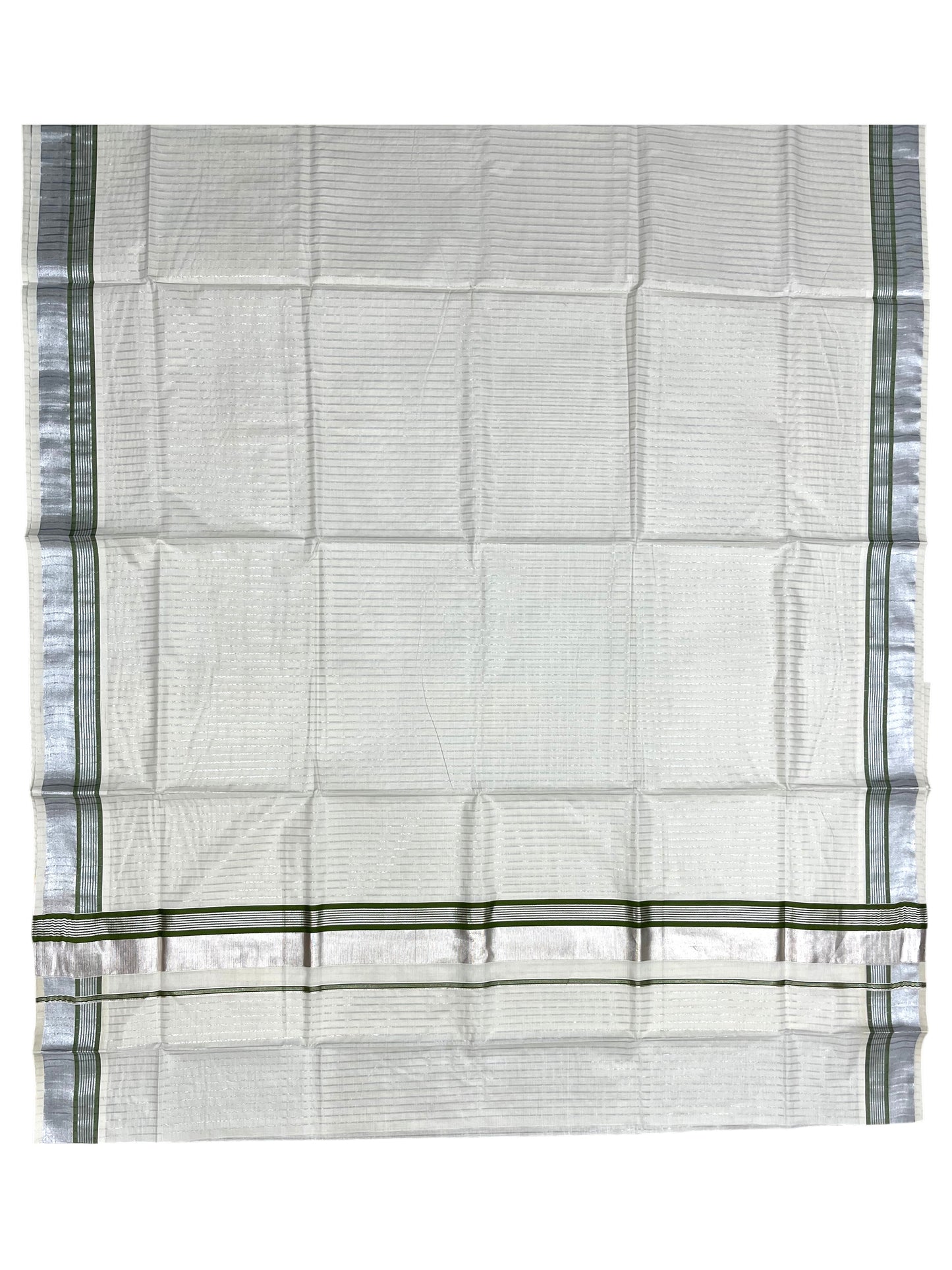 Southloom Pure Cotton Kerala Silver Kasavu Lines Saree with Olive Green and Silver Border
